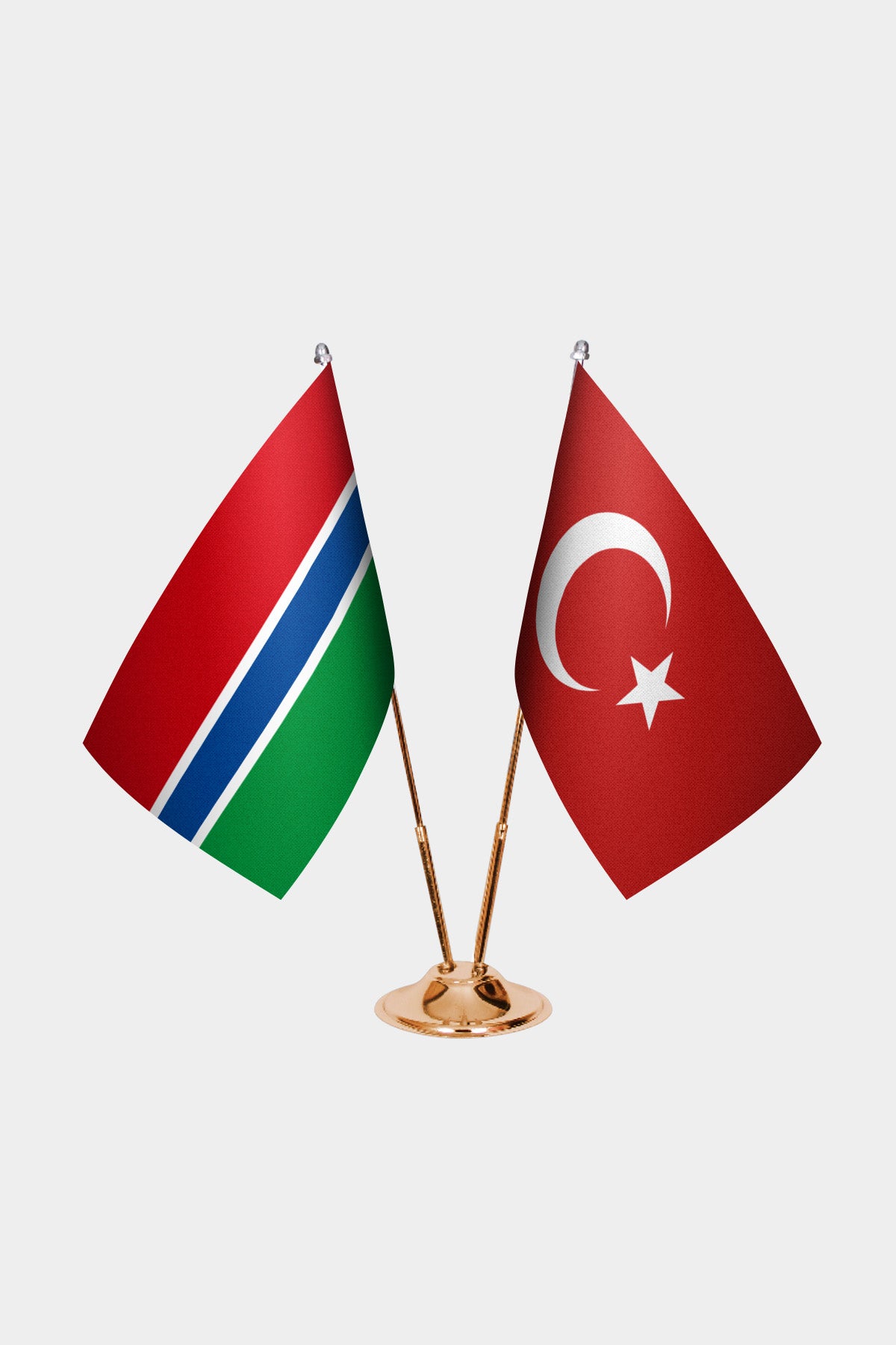 Gambia and Turkey desk flag set with gold pole and base