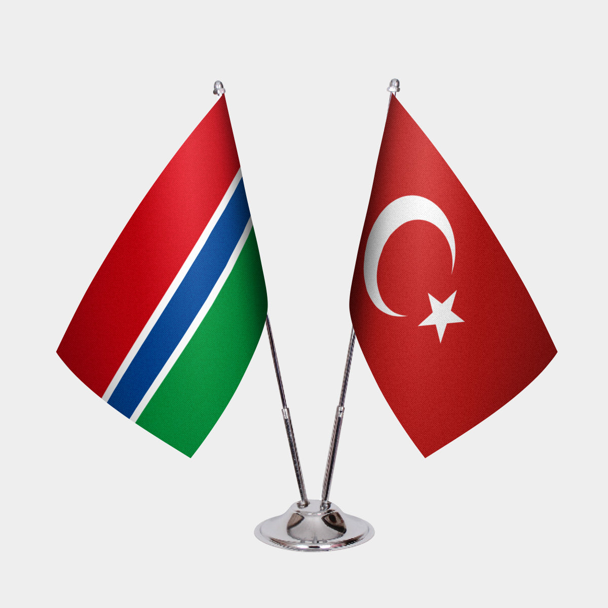 Gambia and Turkey desk flag set with chrome pole and base