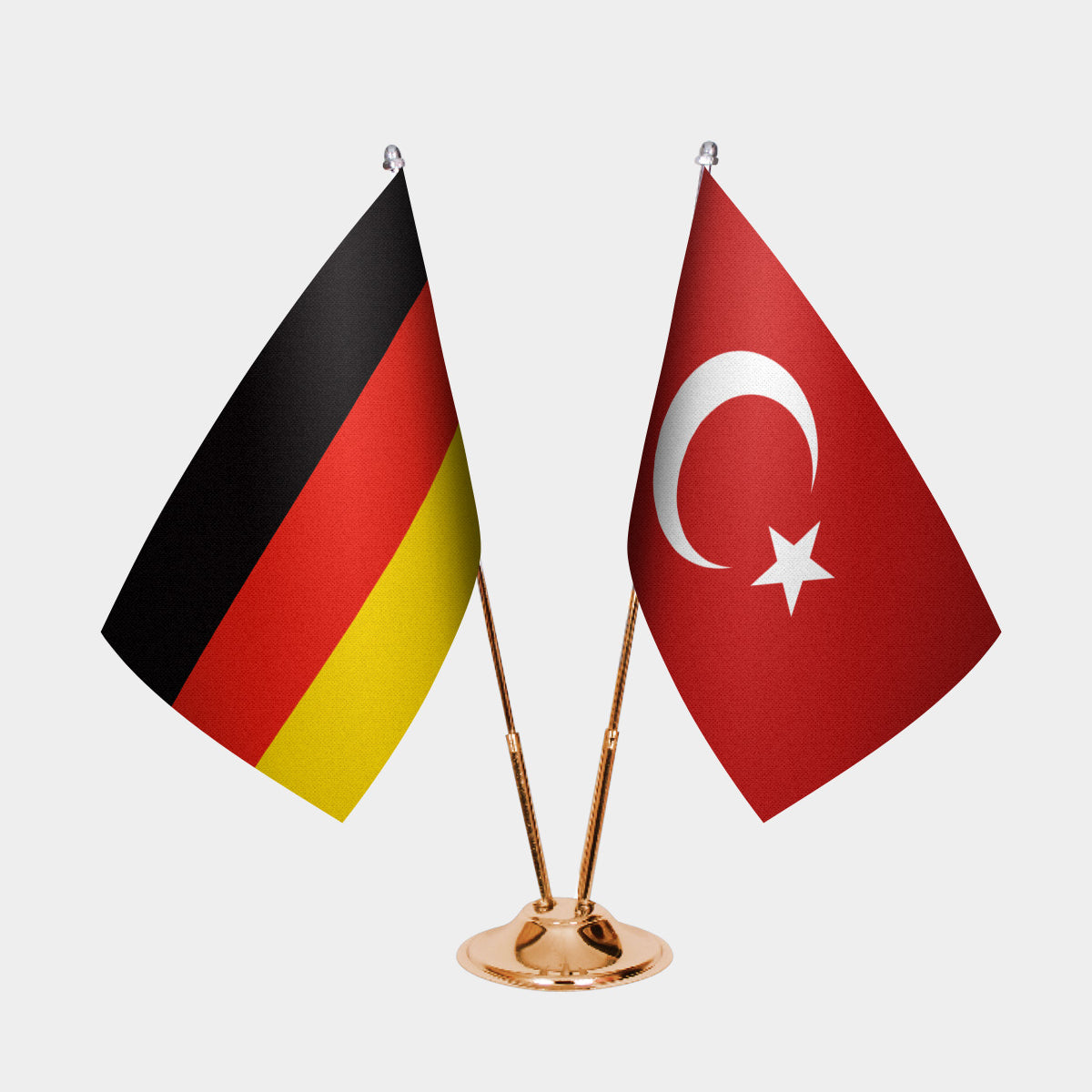 Germany and Turkey desk flag set with gold pole and base