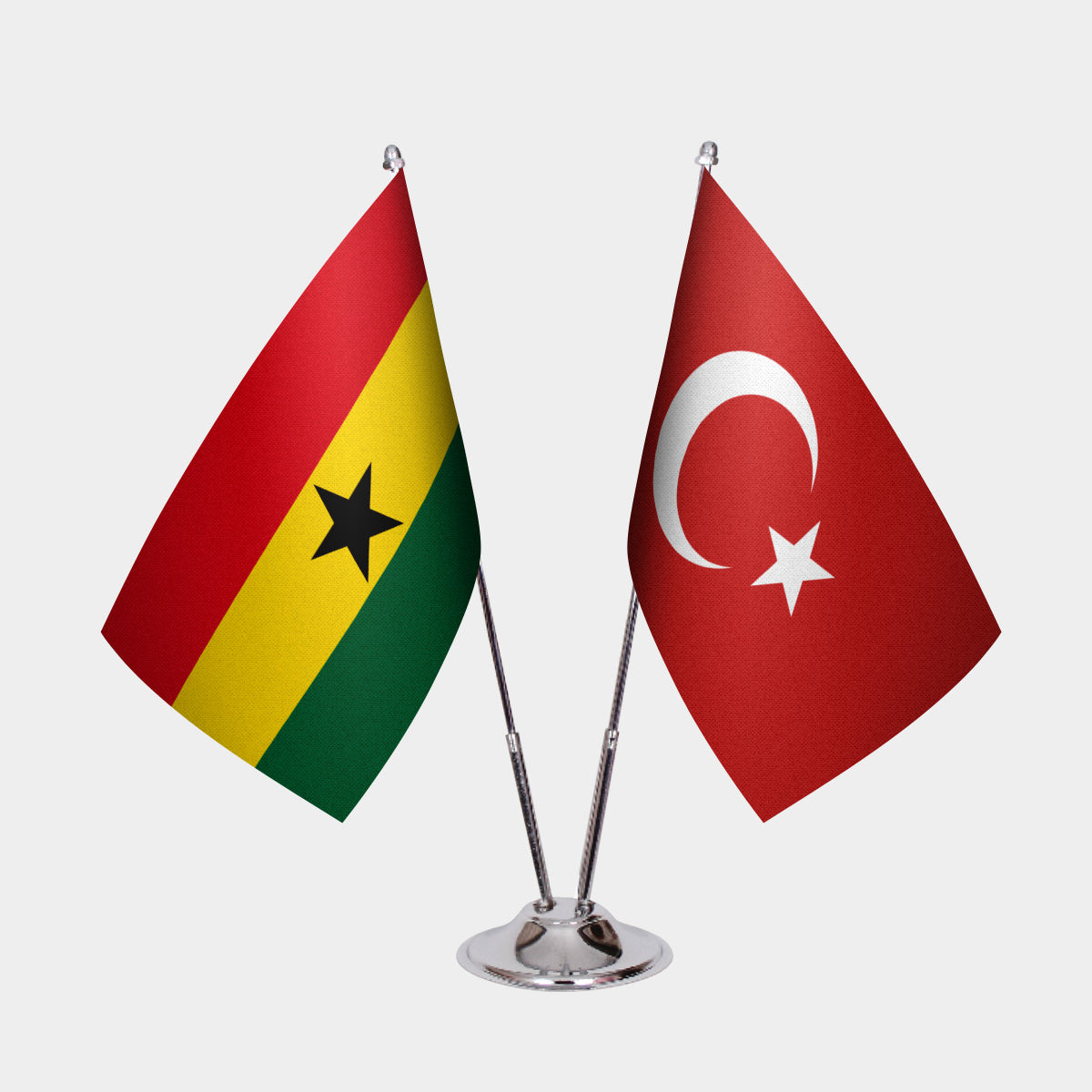 Ghana and Turkey desk flag set with chrome pole and base
