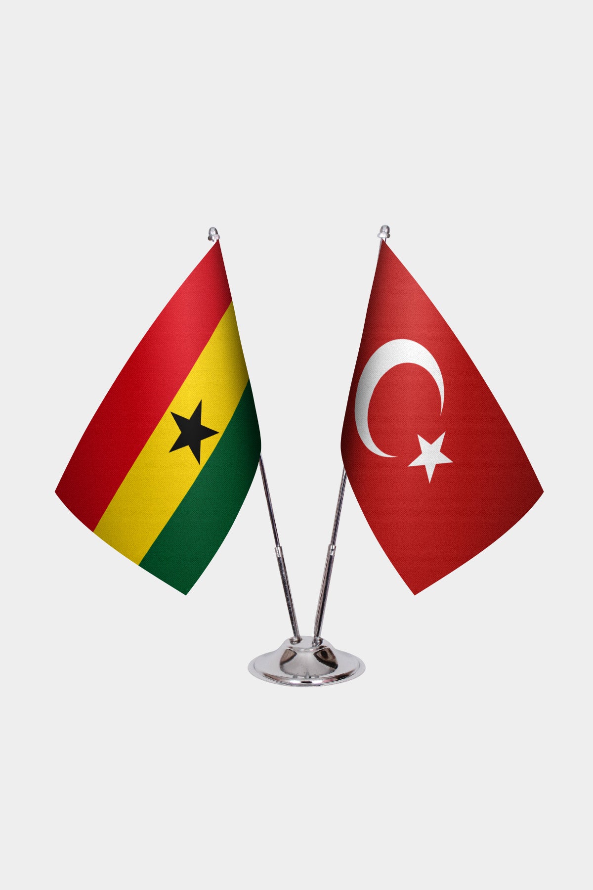 Ghana and Turkey desk flag set with chrome pole and base
