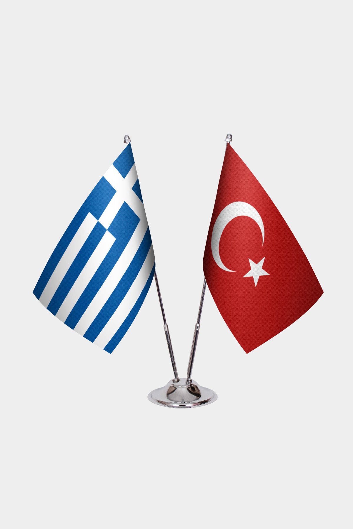 Greece and Turkey desk flag set with chrome pole and base