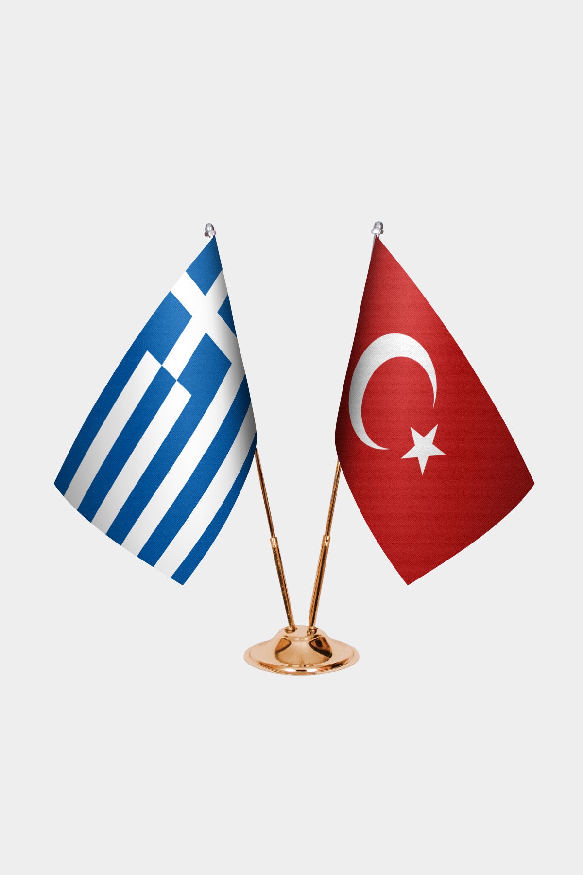 Greece and Turkey desk flag set with gold pole and base