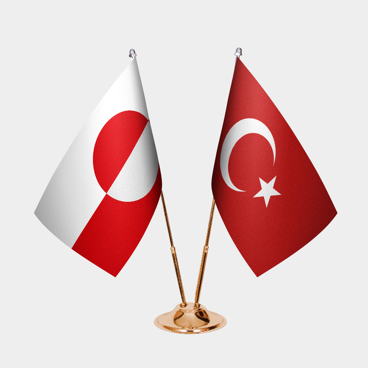 Greenland and Turkey desk flag set with gold pole and base