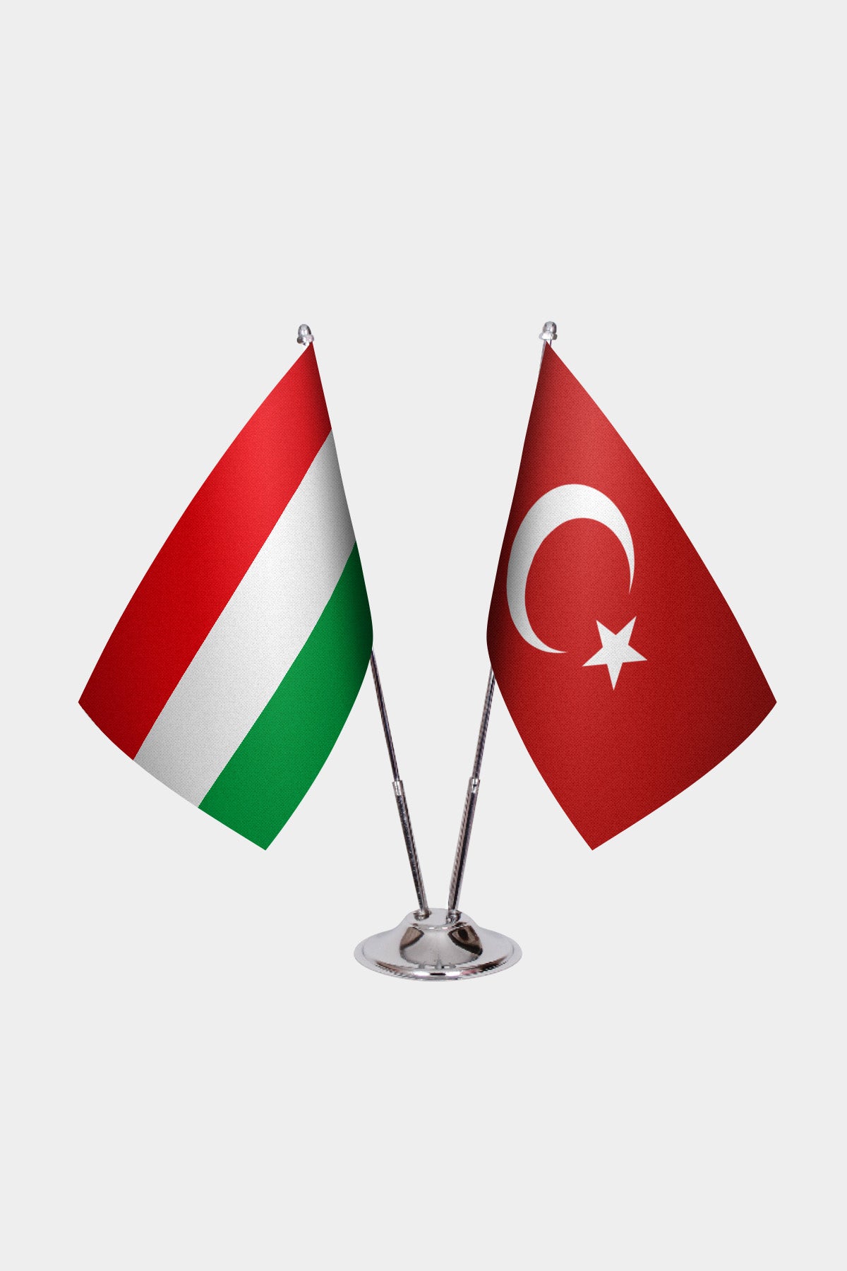 Hungary and Turkey desk flag set with chrome pole and base