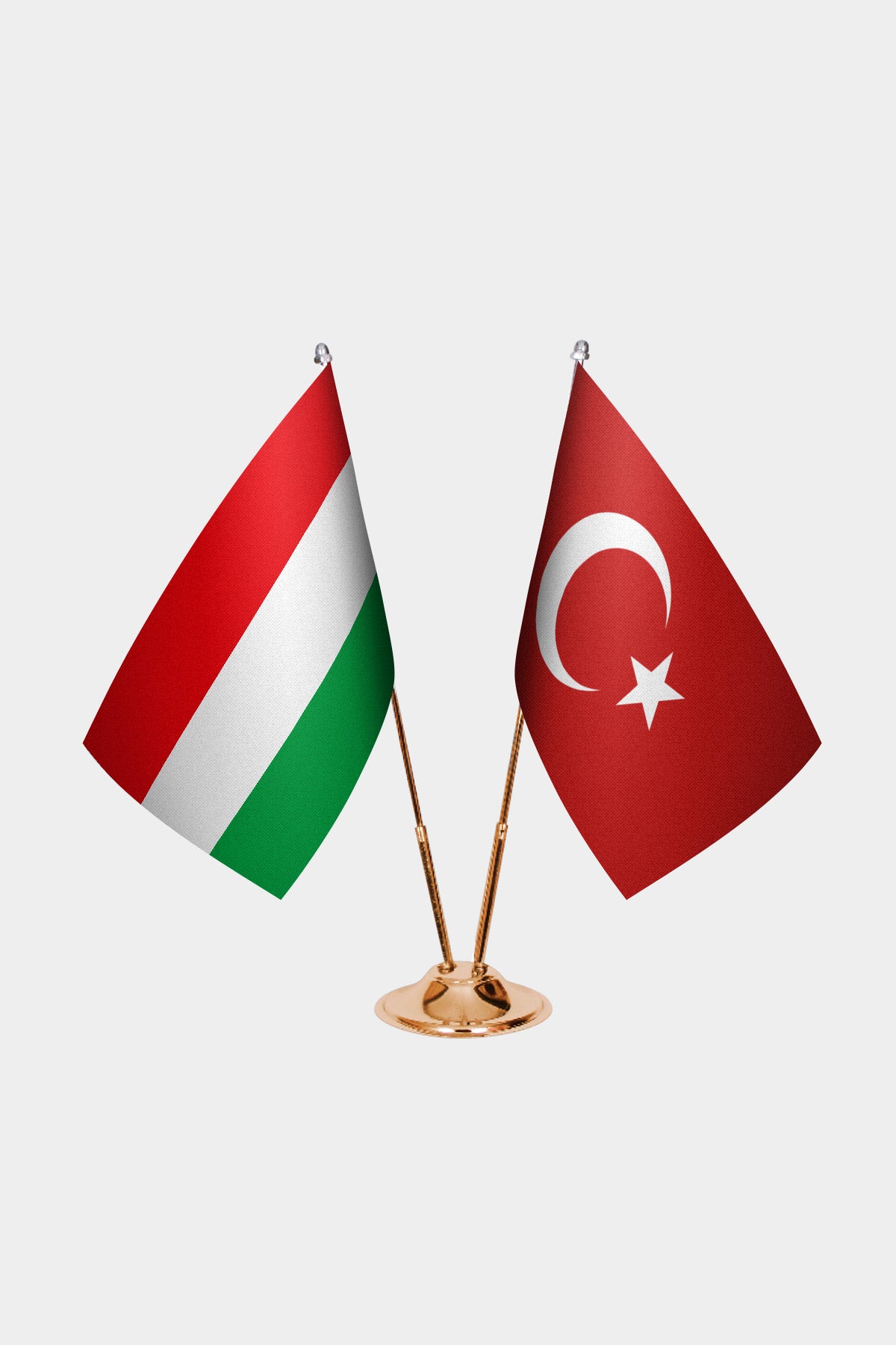 Hungary and Turkey desk flag set with gold pole and base