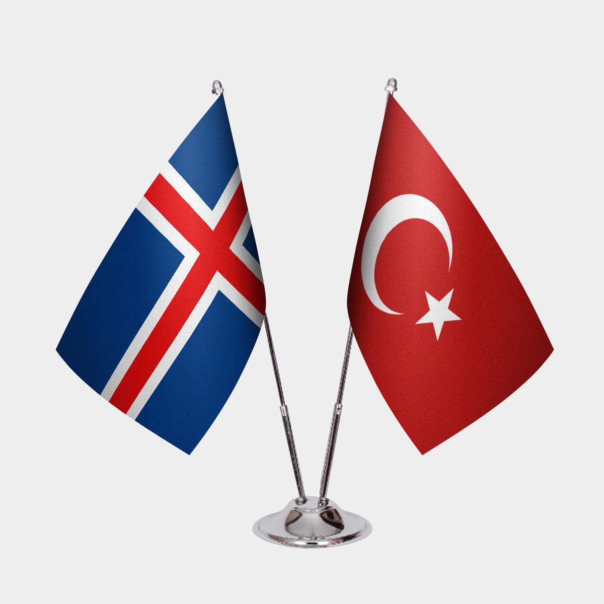 Iceland and Turkey desk flag set with chrome pole and base