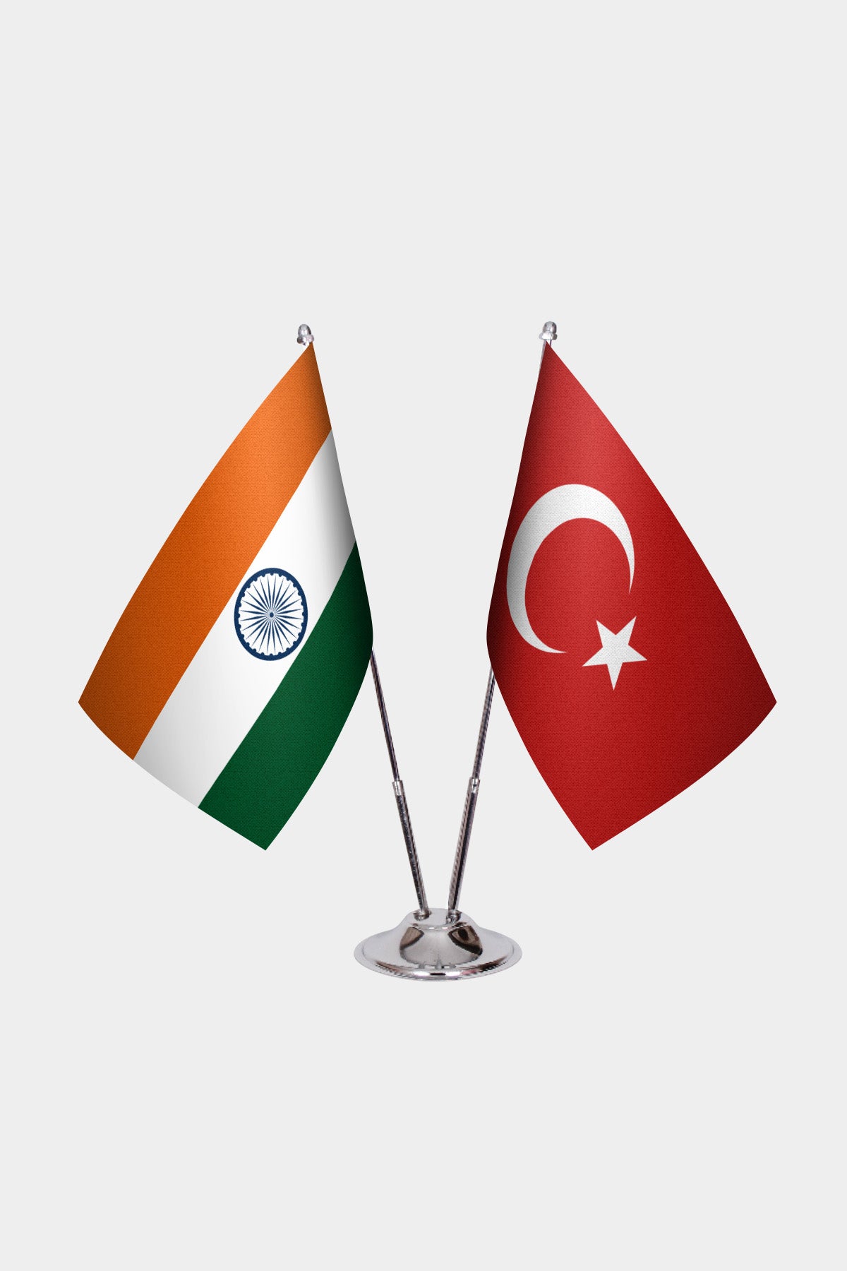 India and Turkey desk flag set with chrome pole and base