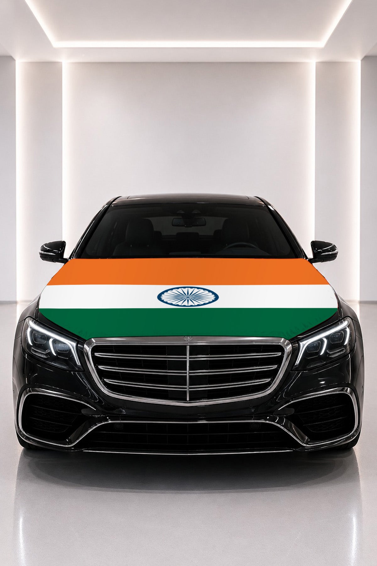 India flag car hood cover fitted on a black car bonnet