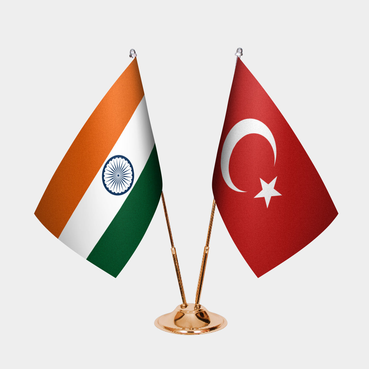 India and Turkey desk flag set with gold pole and base