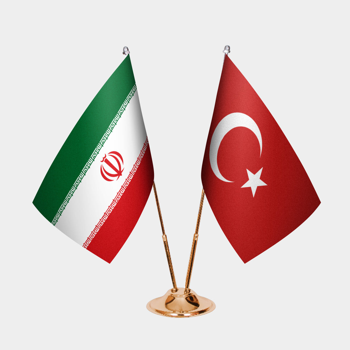 Iran and Turkey desk flag set with gold pole and base