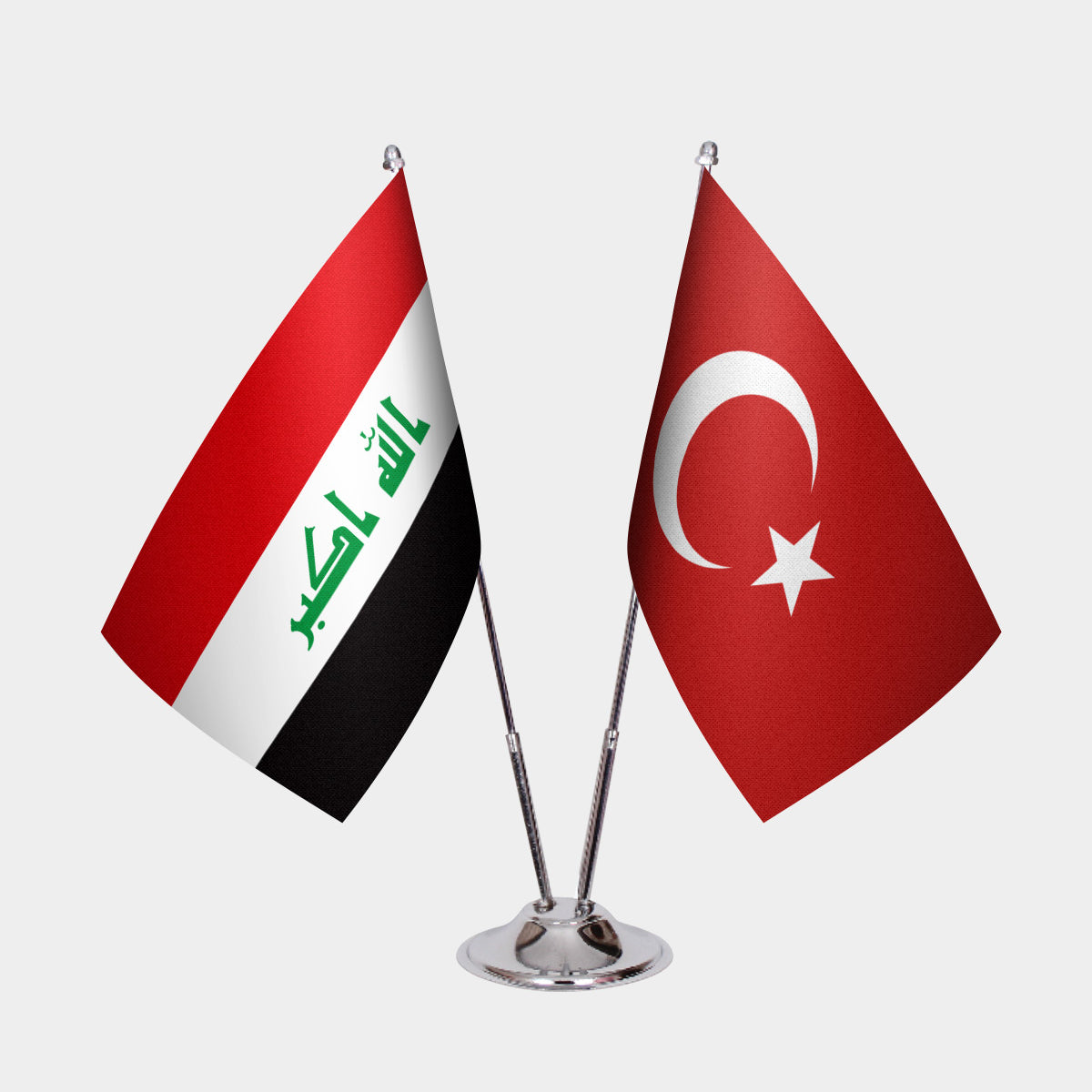 Iraq and Turkey desk flag set with chrome pole and base