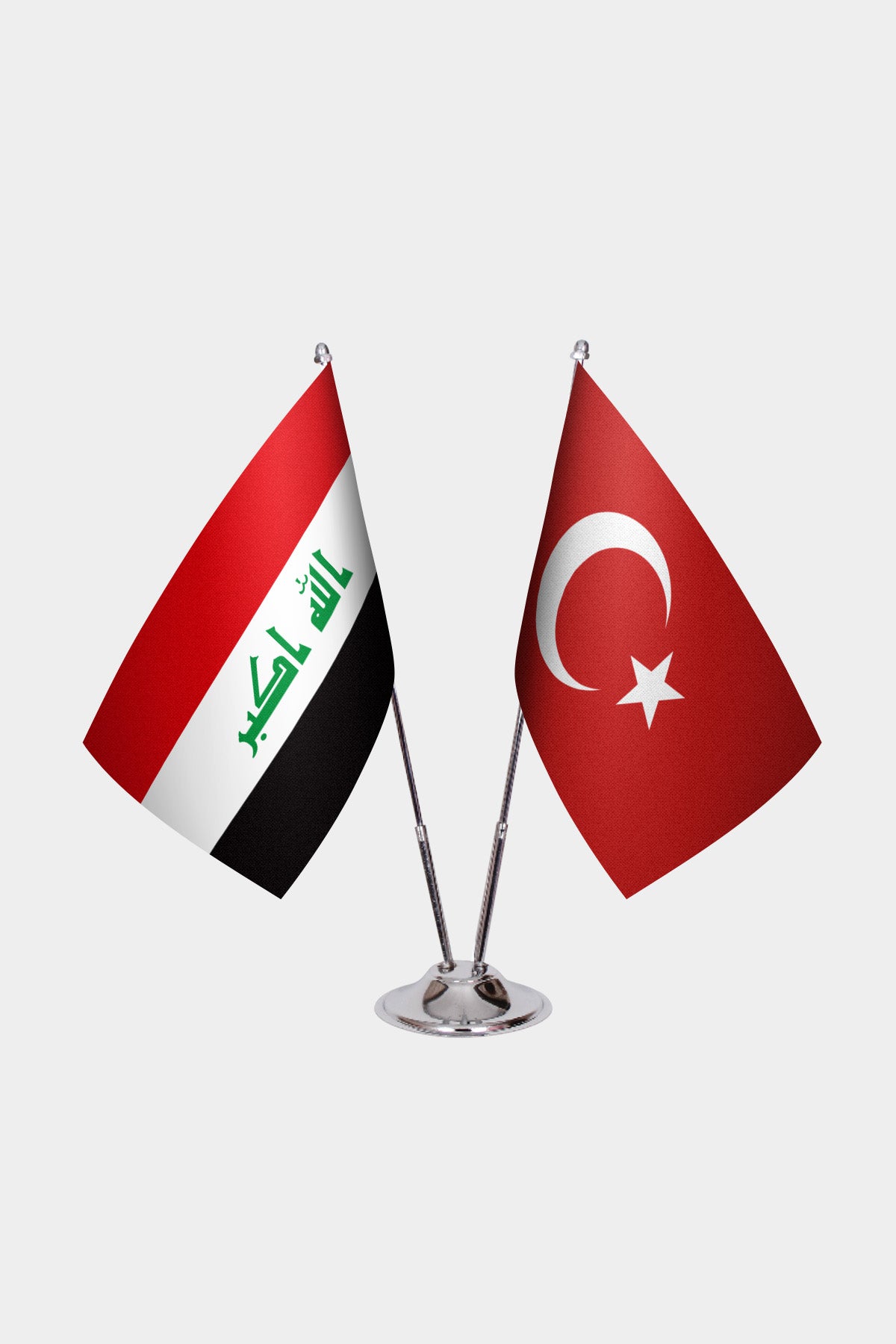 Iraq and Turkey desk flag set with chrome pole and base