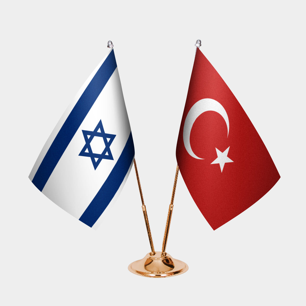 Israel and Turkey desk flag set with gold pole and base