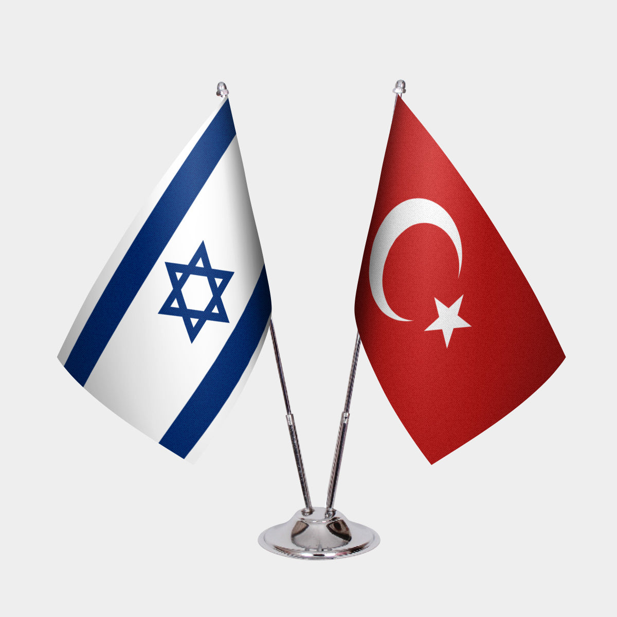 Israel and Turkey desk flag set with chrome pole and base