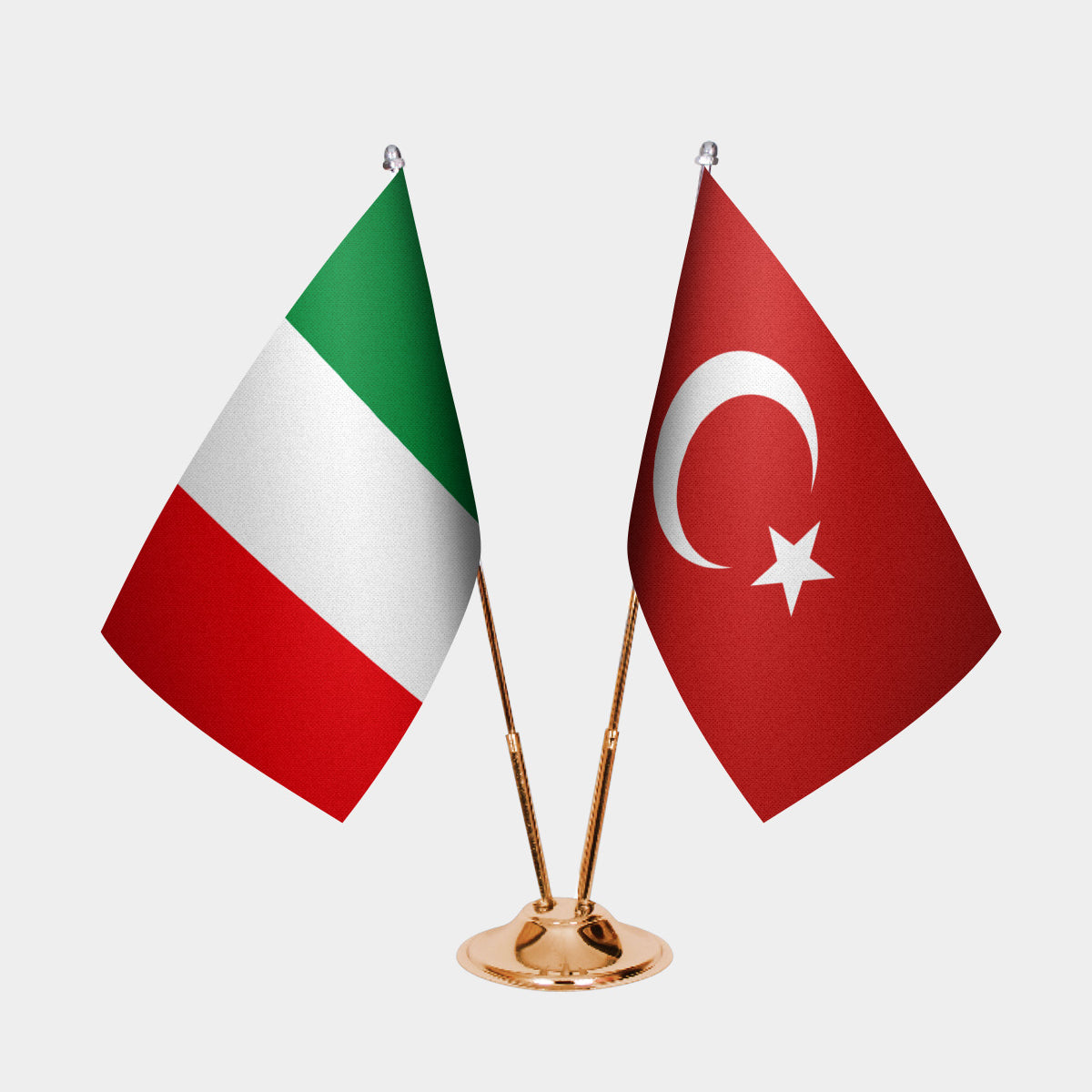 Italy and Turkey desk flag set with gold pole and base