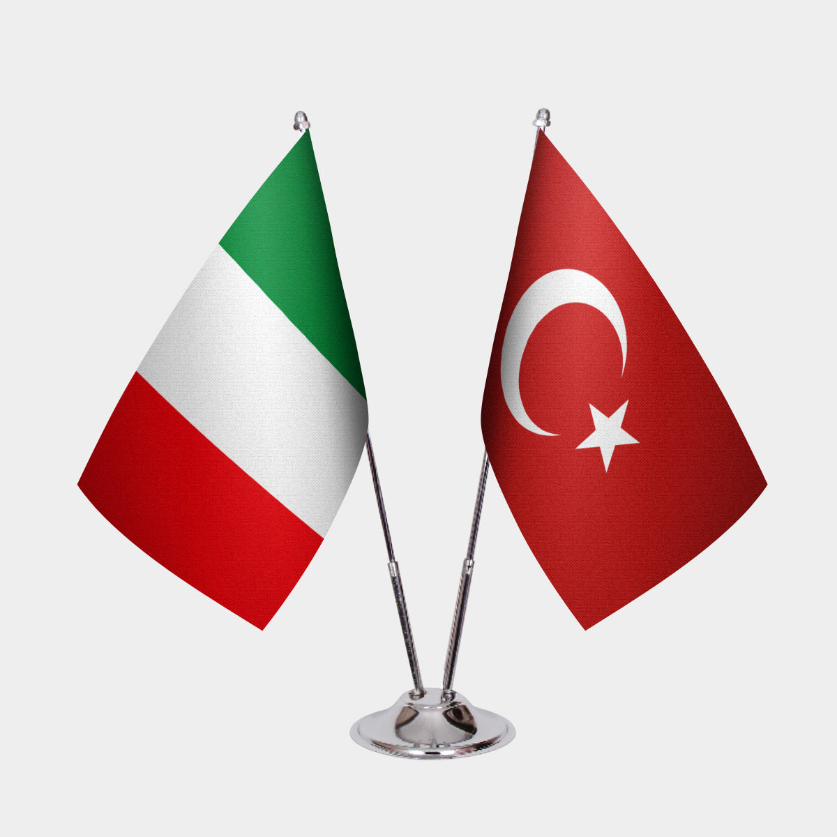 Italy and Turkey desk flag set with chrome pole and base