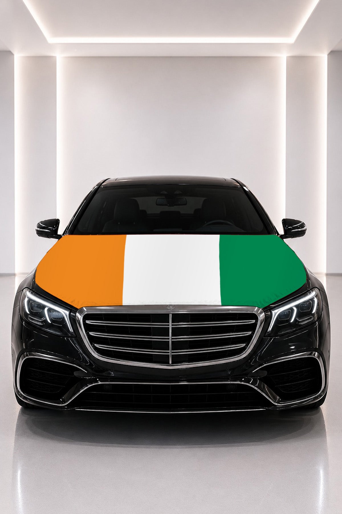 Ivory Coast flag car hood cover fitted on a black car bonnet