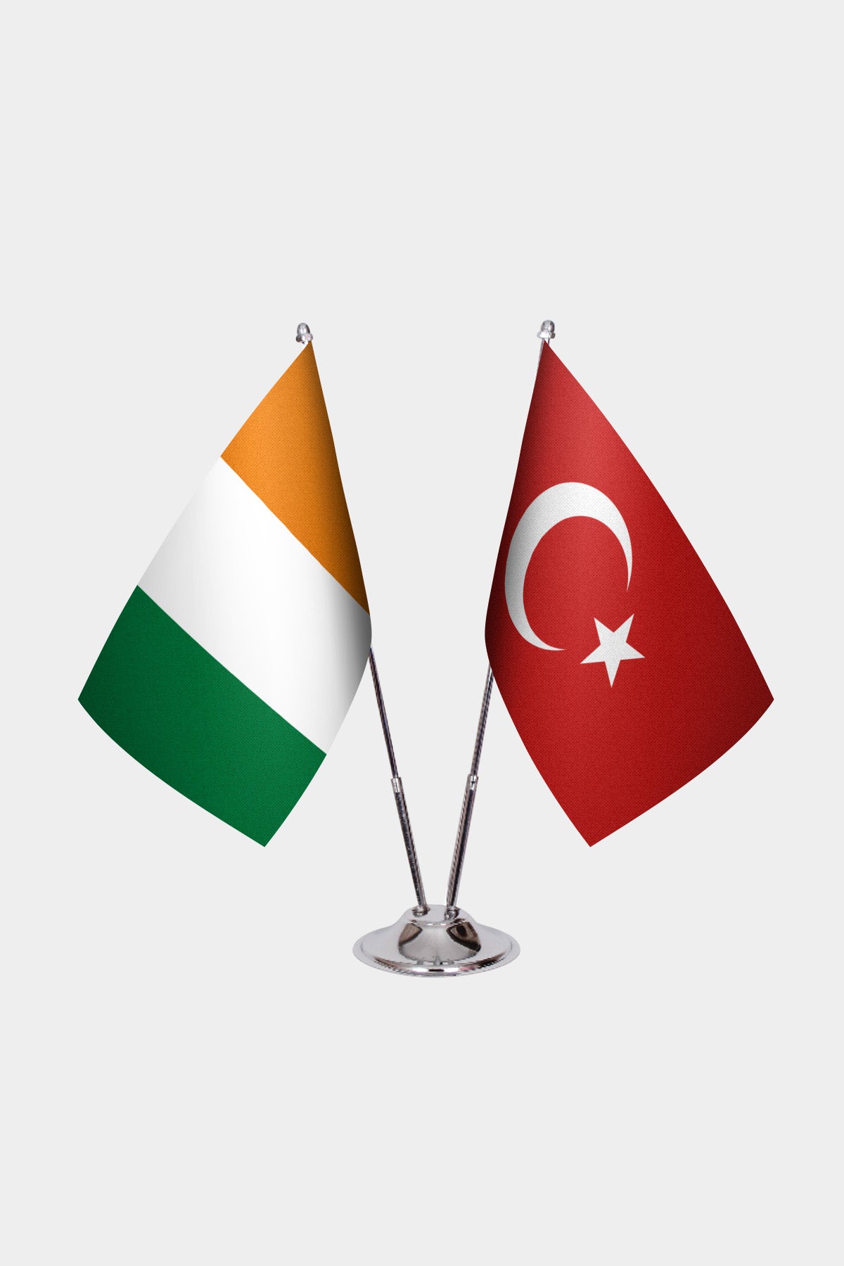 Ivory Coast and Turkey desk flag set with chrome pole and base