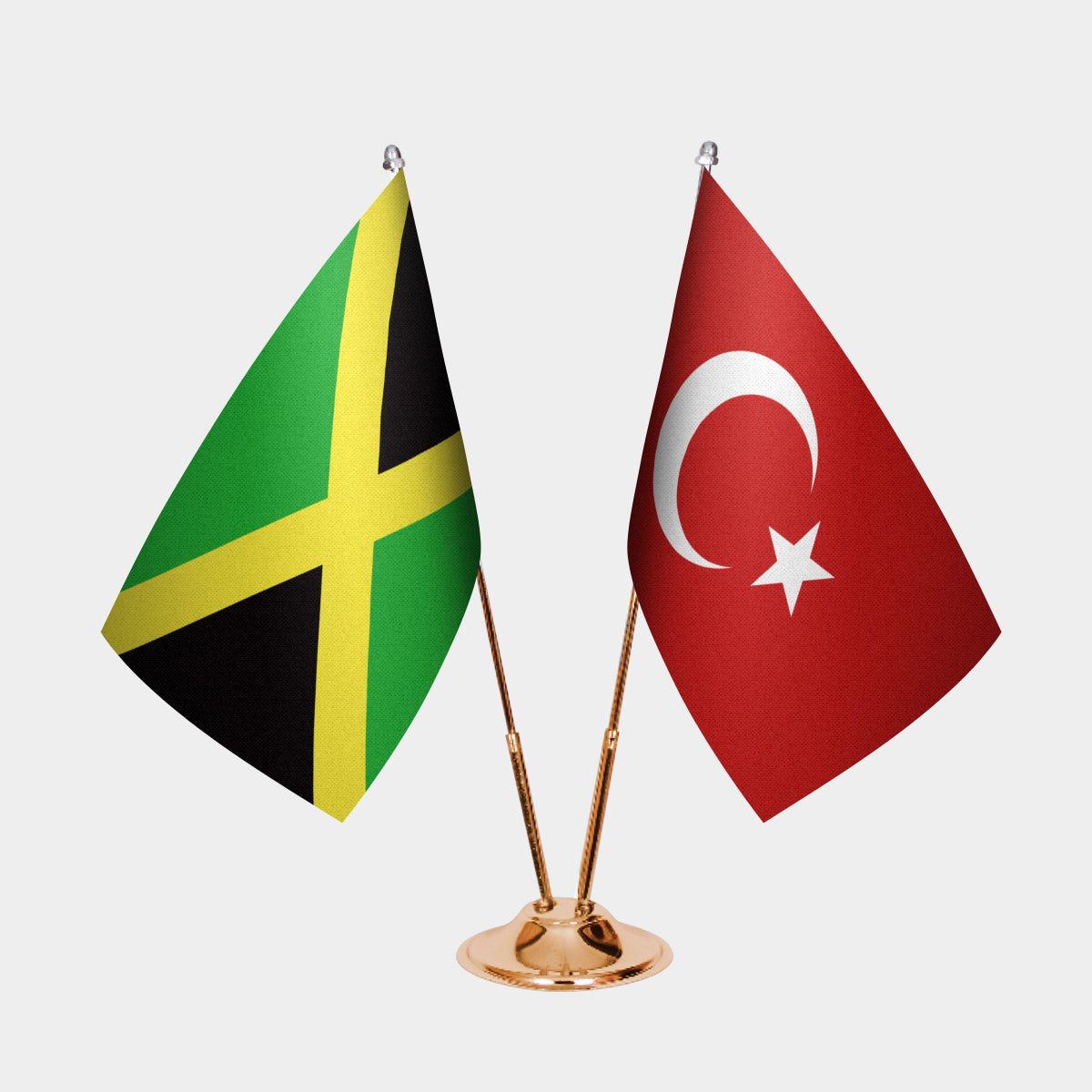 Jamaica and Turkey desk flag set with gold pole and base