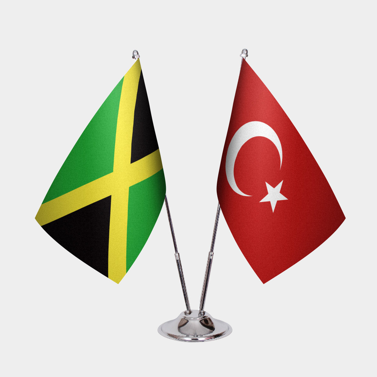 Jamaica and Turkey desk flag set with chrome pole and base