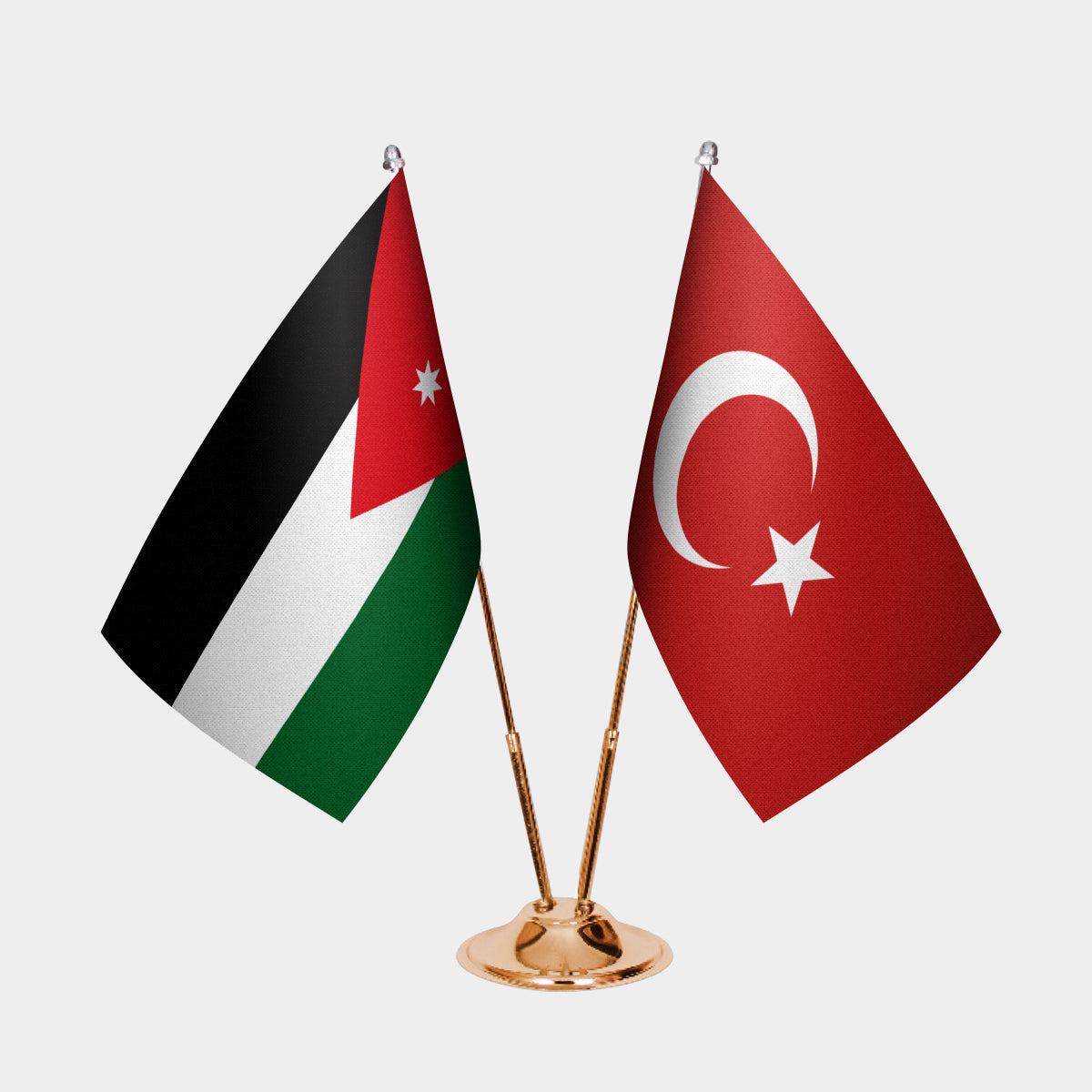 Jordan and Turkey desk flag set with gold pole and base