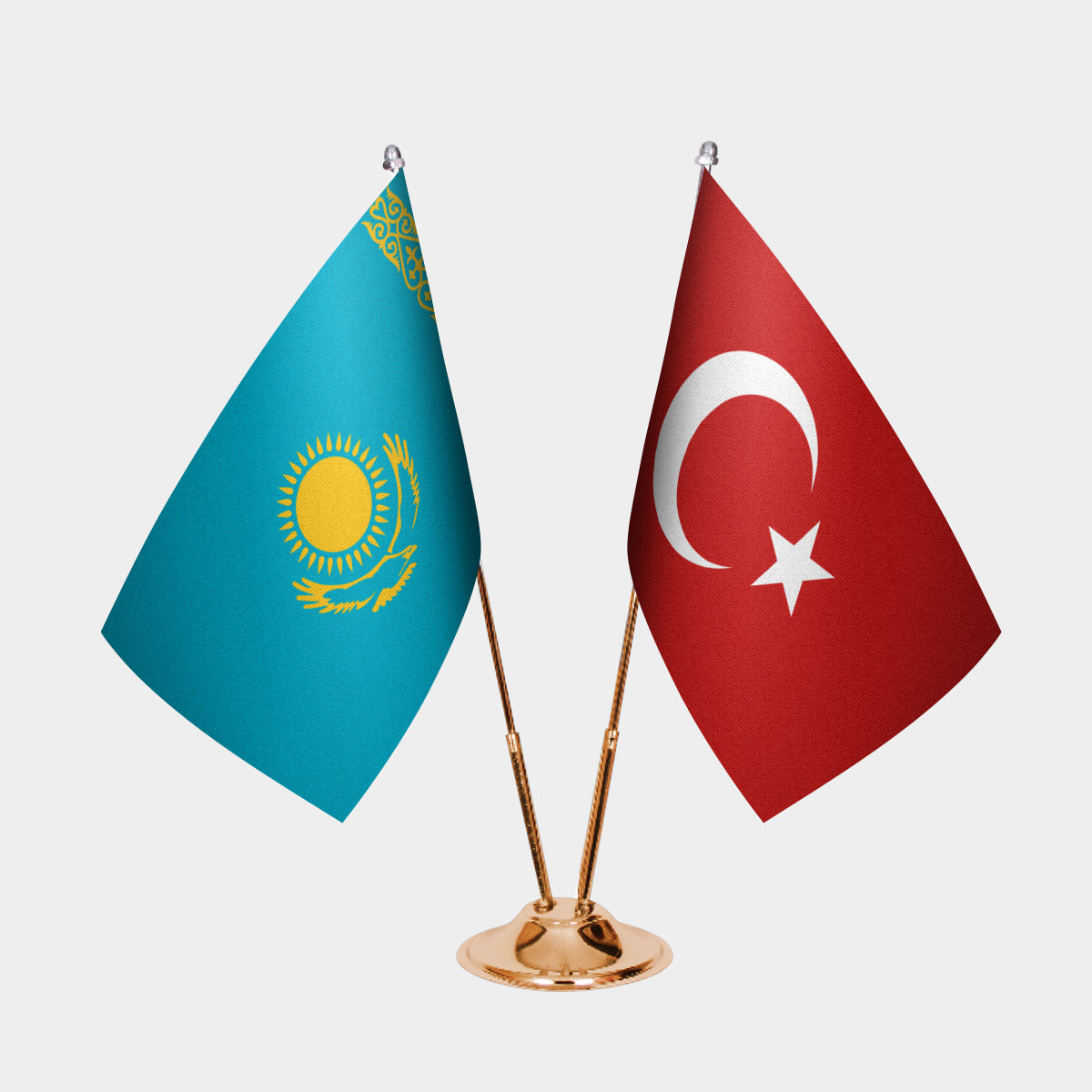 Kazakhstan and Turkey desk flag set with gold pole and base