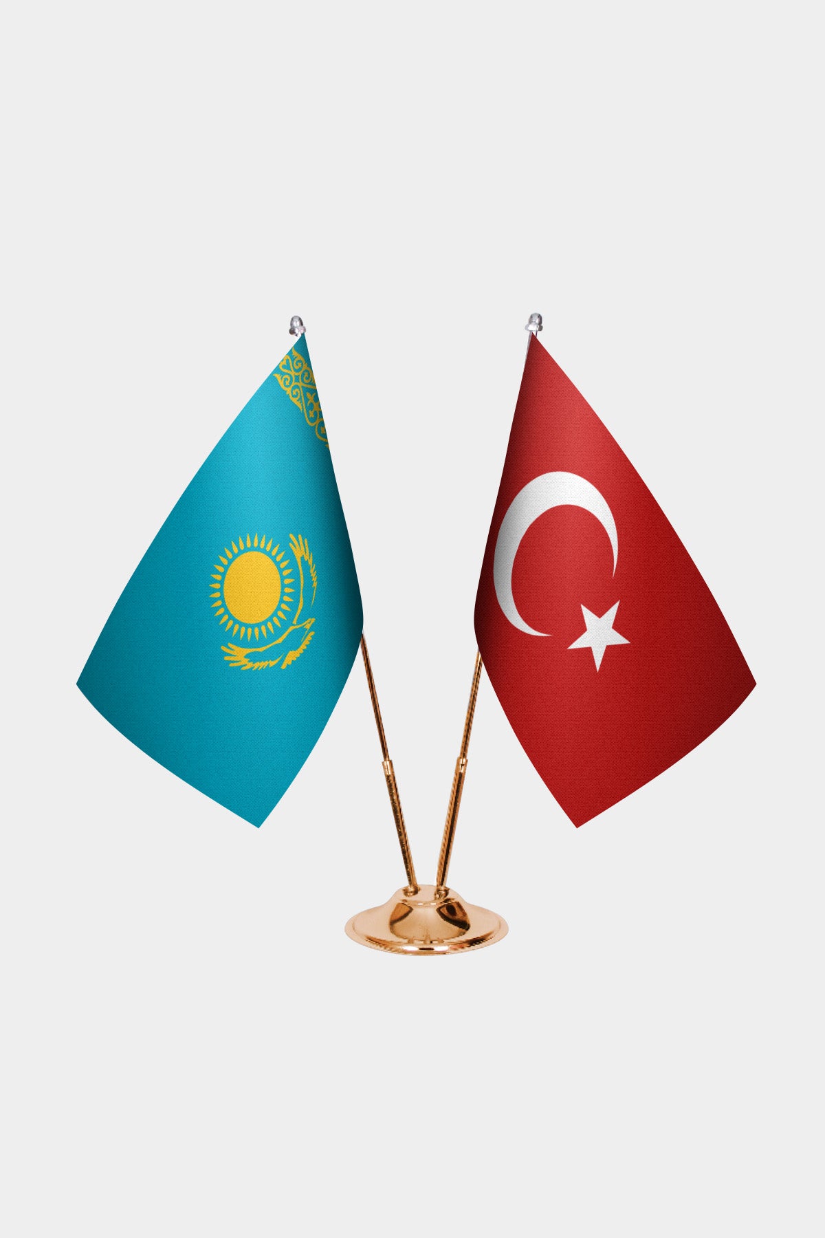 Kazakhstan and Turkey desk flag set with gold pole and base