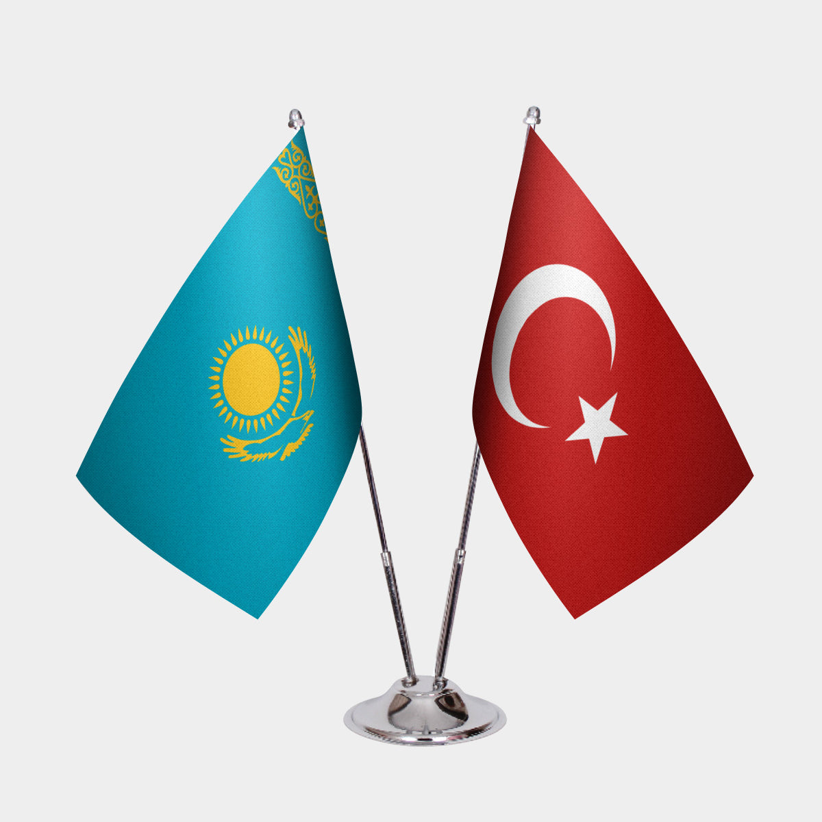 Kazakhstan and Turkey desk flag set with chrome pole and base