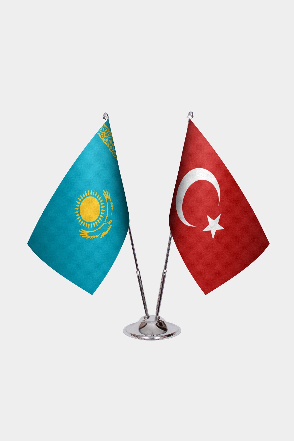 Kazakhstan and Turkey desk flag set with chrome pole and base