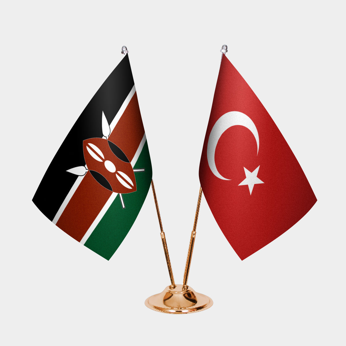 Kenya and Turkey desk flag set with gold pole and base
