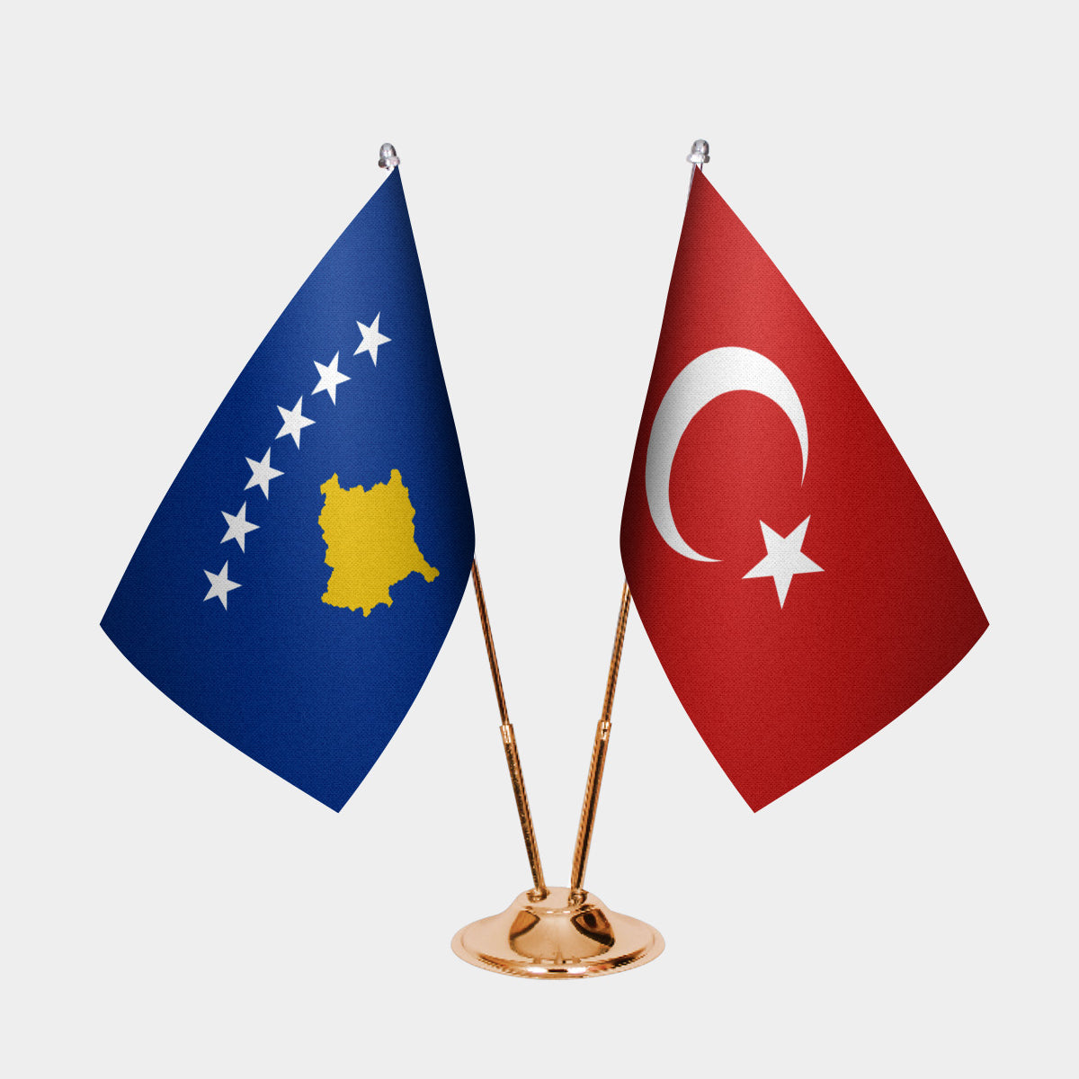 Kosovo and Turkey desk flag set with gold pole and base
