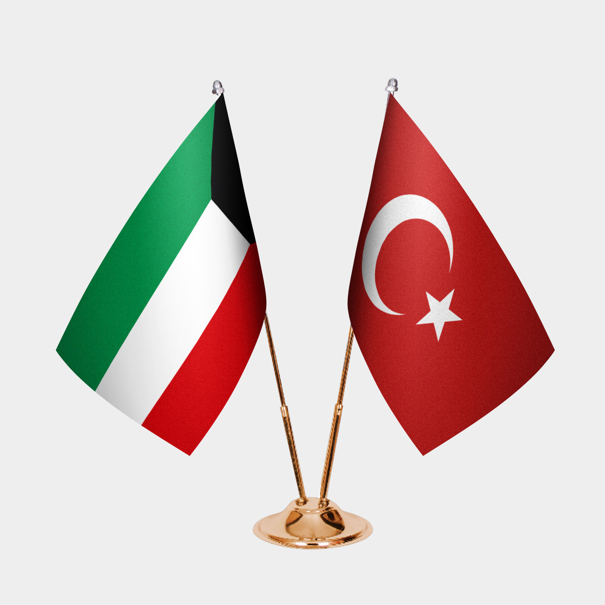 Kuwait and Turkey desk flag set with gold pole and base