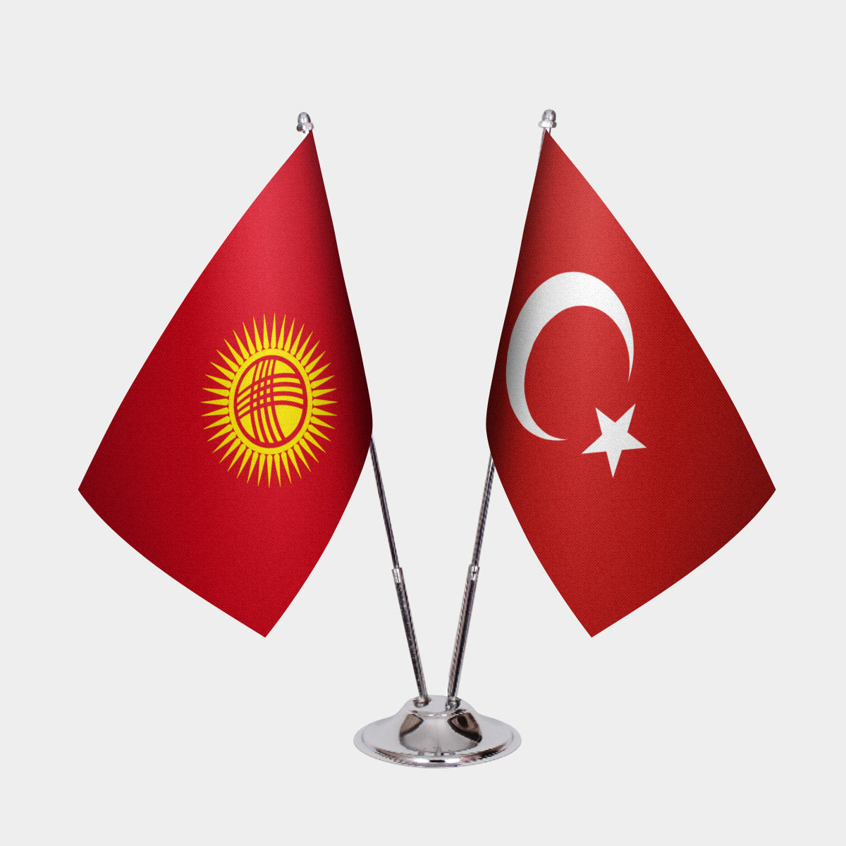 Kyrgyzstan and Turkey desk flag set with chrome pole and base