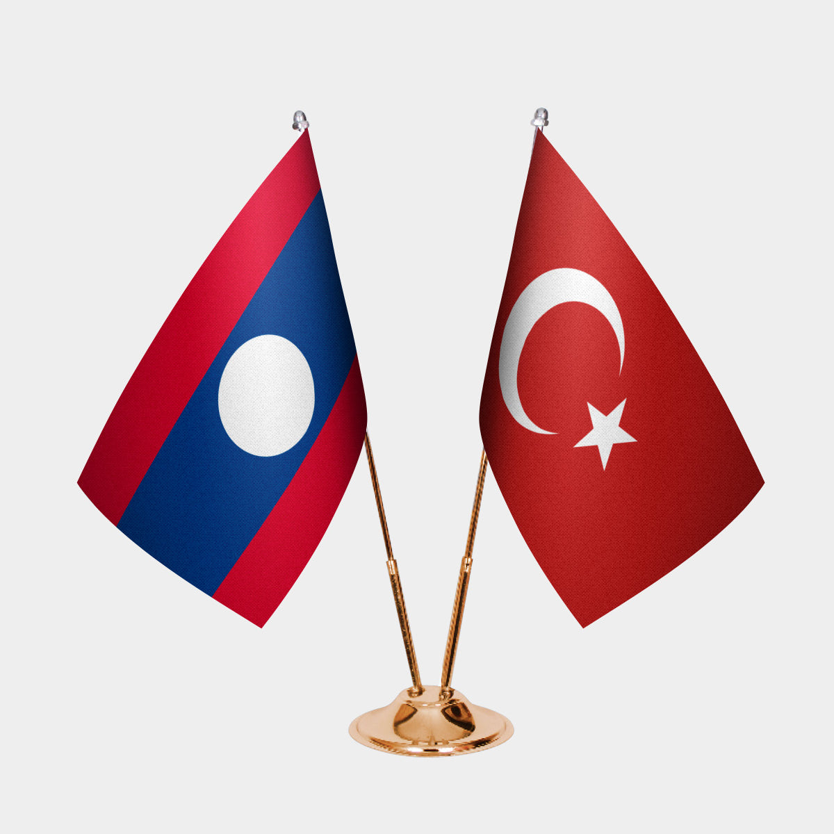 Laos and Turkey desk flag set with gold pole and base