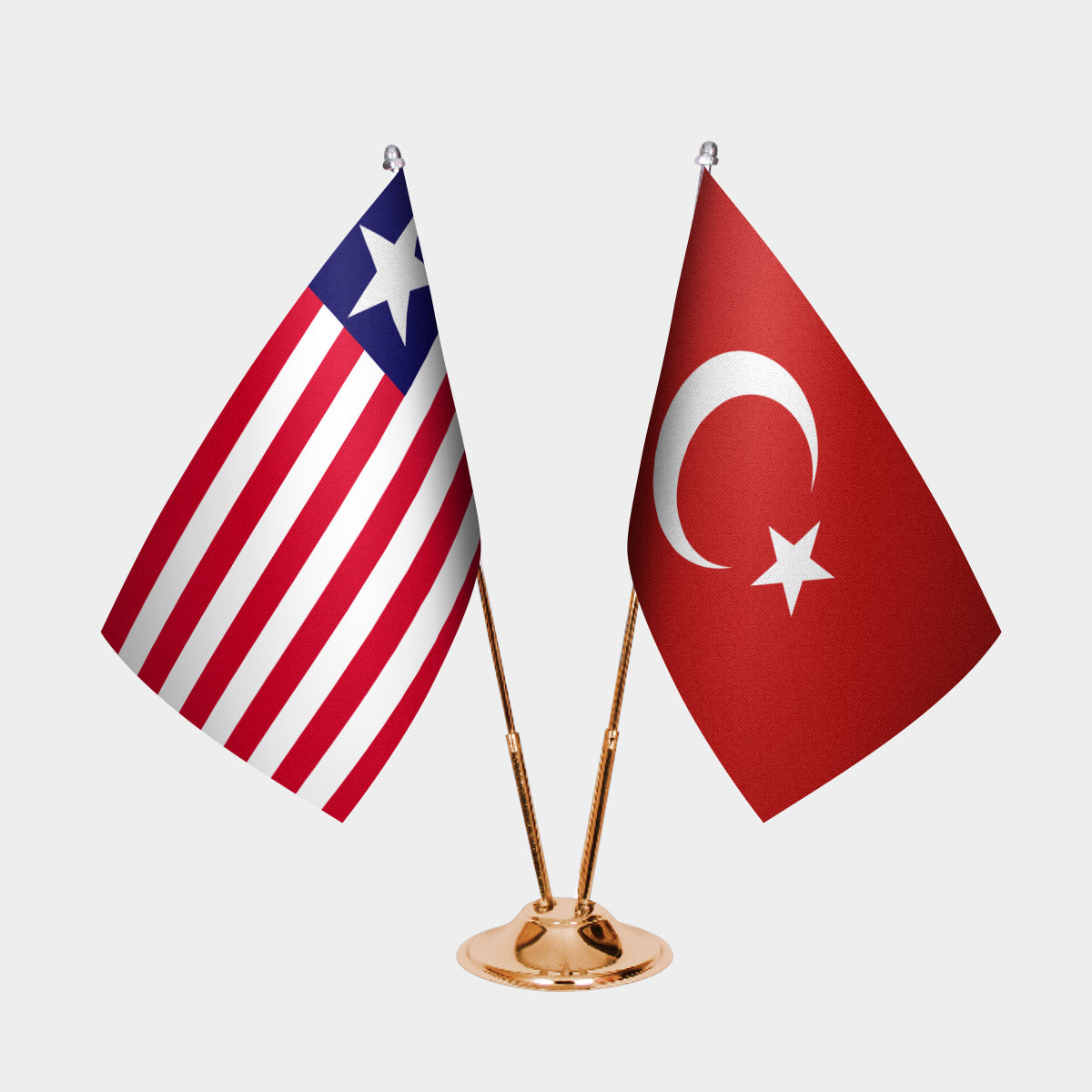 Liberia and Turkey desk flag set with gold pole and base
