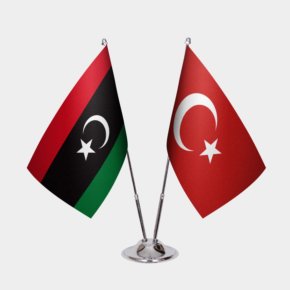 Libya and Turkey desk flag set with chrome pole and base
