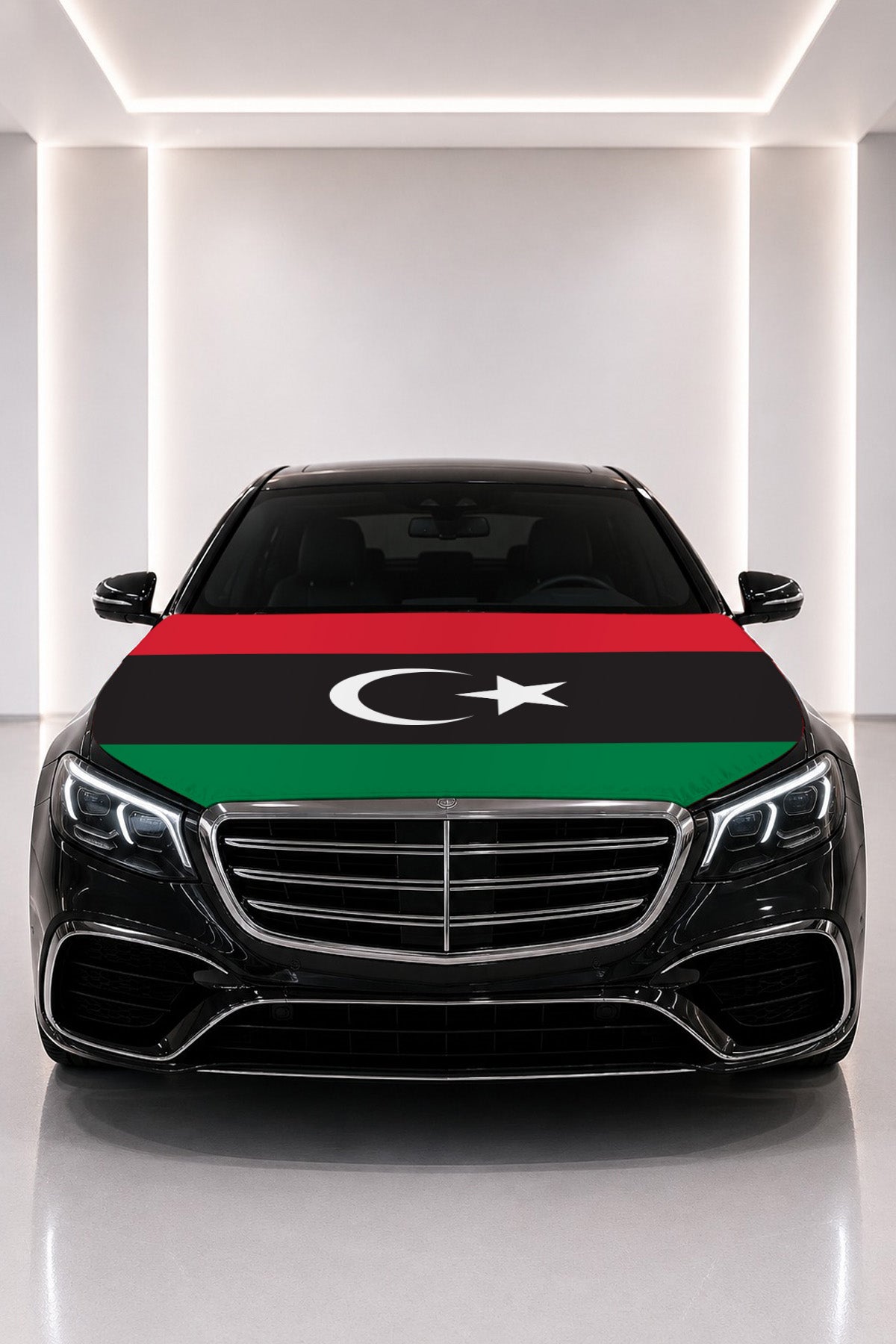 Libya flag car hood cover fitted on a black car bonnet