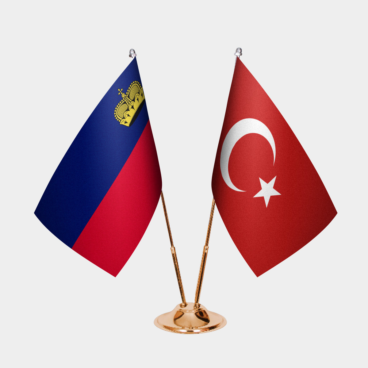 Liechtenstein and Turkey desk flag set with gold pole and base