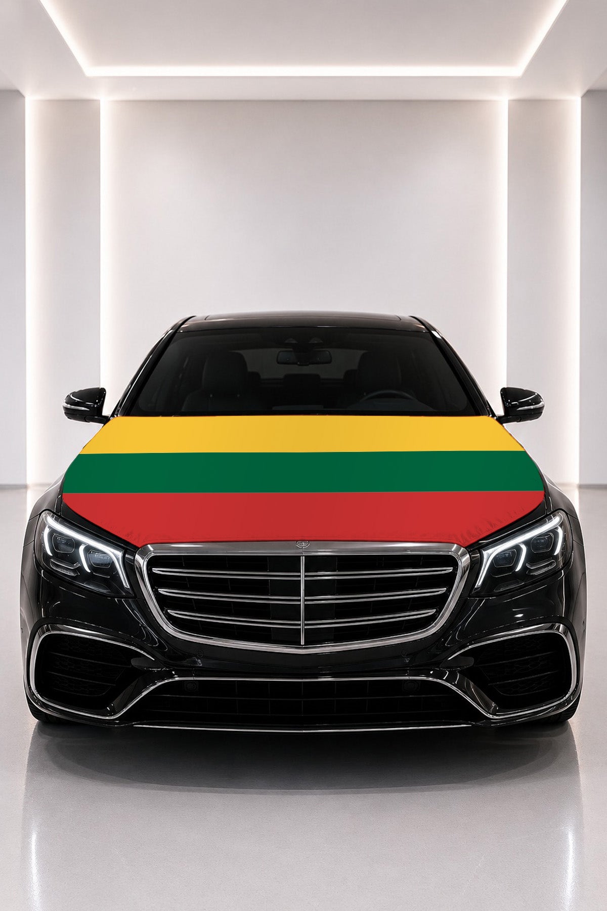 Lithuania flag car hood cover fitted on a black car bonnet