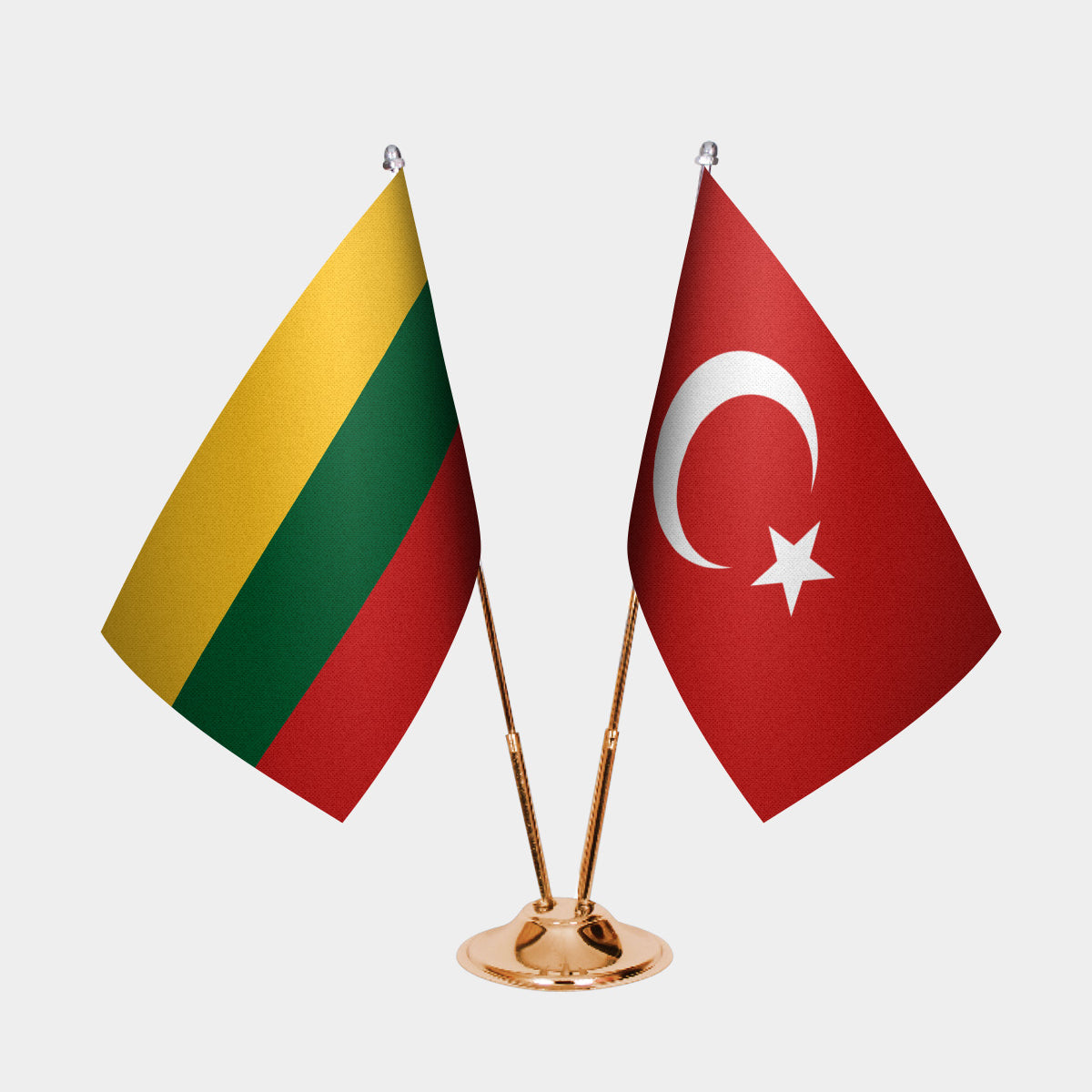 Lithuania and Turkey desk flag set with gold pole and base