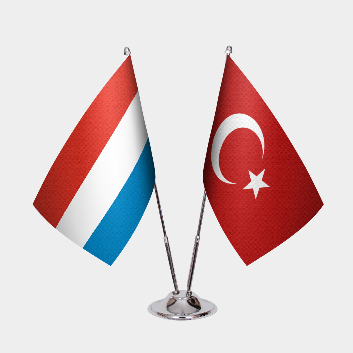 Luxembourg and Turkey desk flag set with chrome pole and base