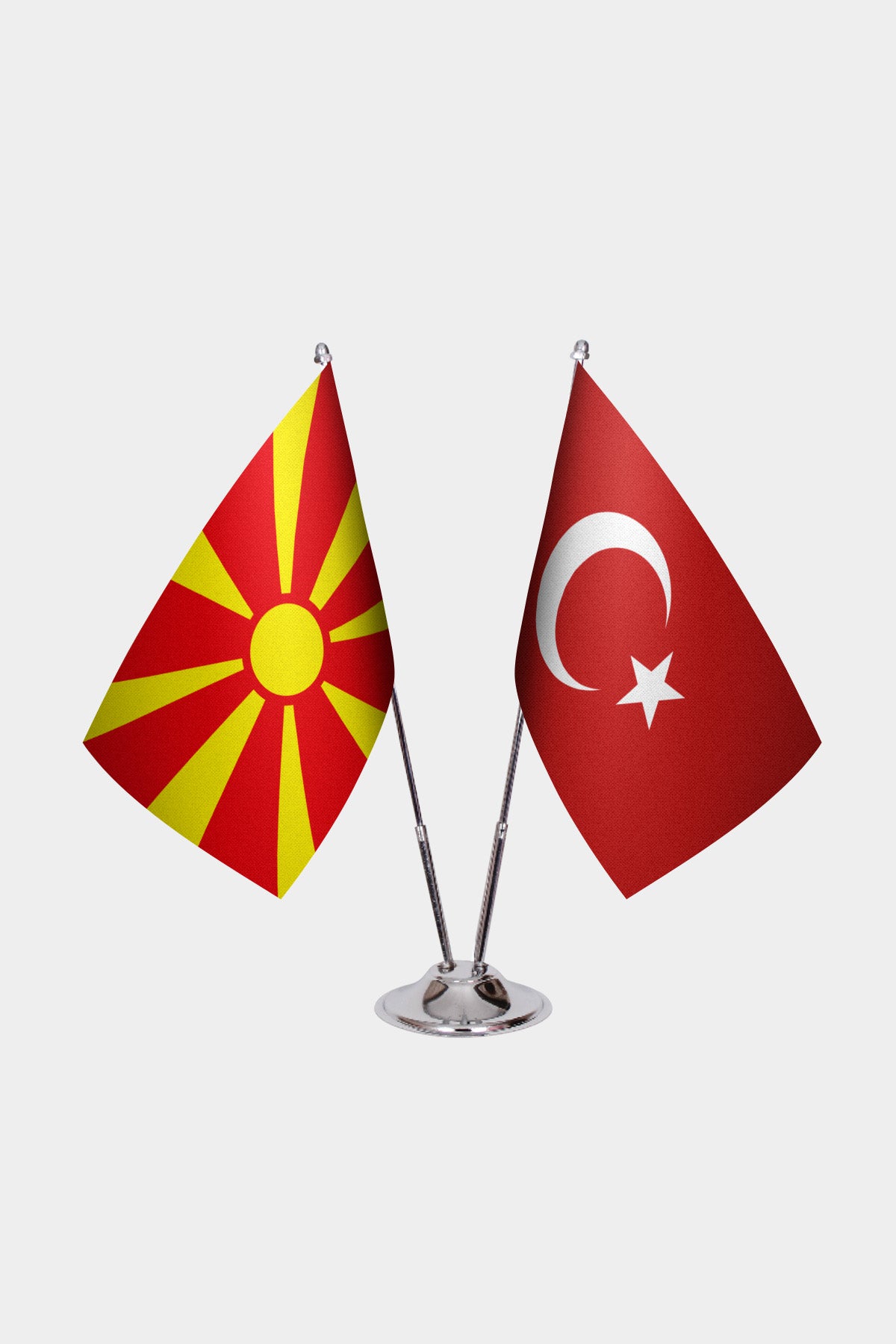 North Macedonia and Turkey desk flag set with chrome pole and base