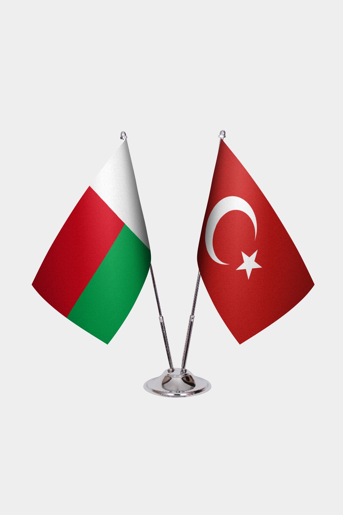Madagascar and Turkey desk flag set with chrome pole and base