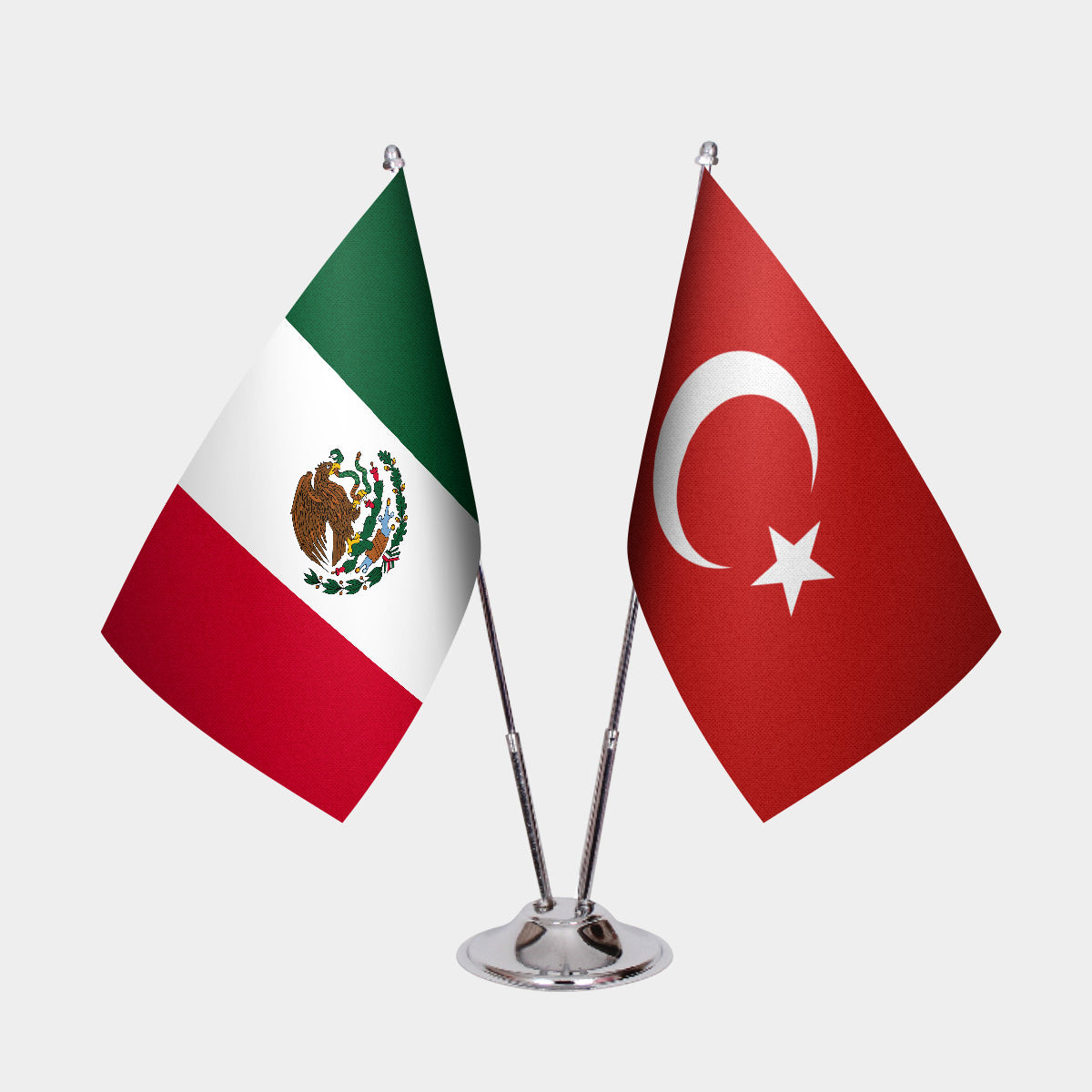 Mexico and Türkiye dual desk flag set with chrome silver pedestal, satin office table flag