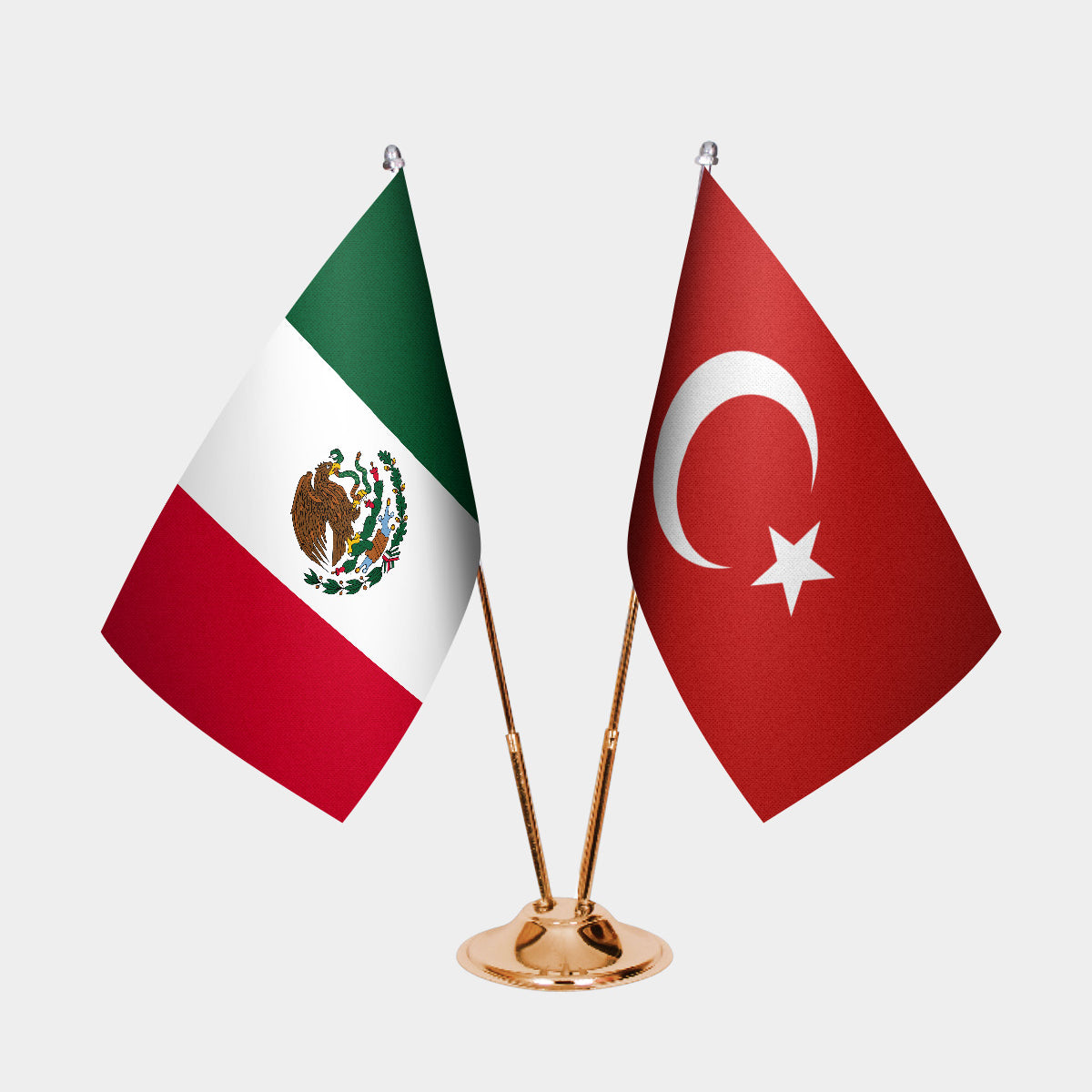 Mexico and Türkiye dual desk flag set with gold pedestal, satin office table flag