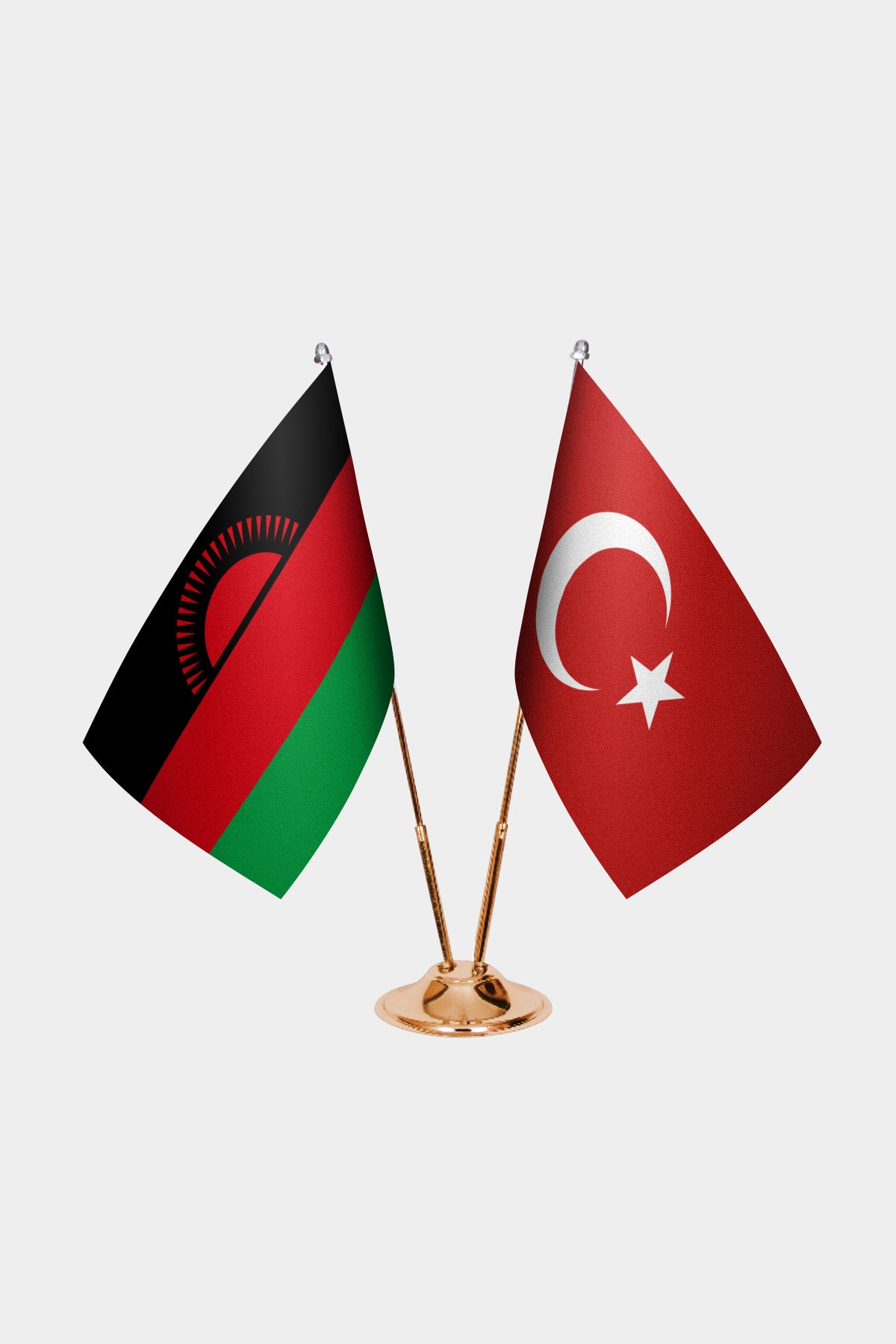 Malawi and Turkey desk flag set with gold pole and base