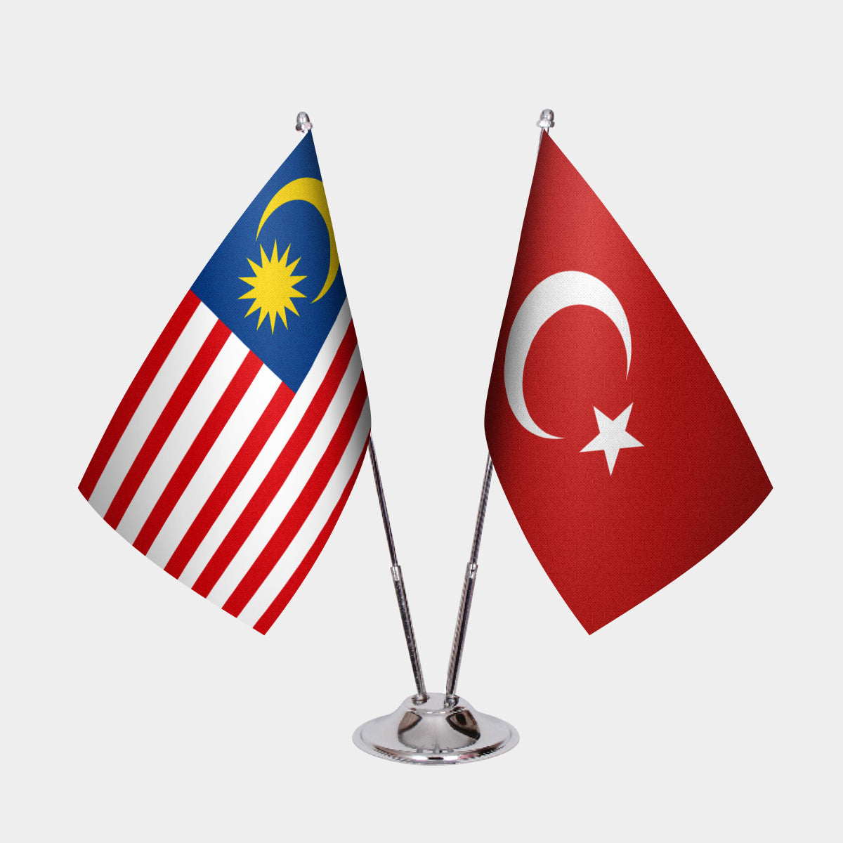Malaysia and Türkiye dual desk flag set with chrome silver pedestal, satin office table flag