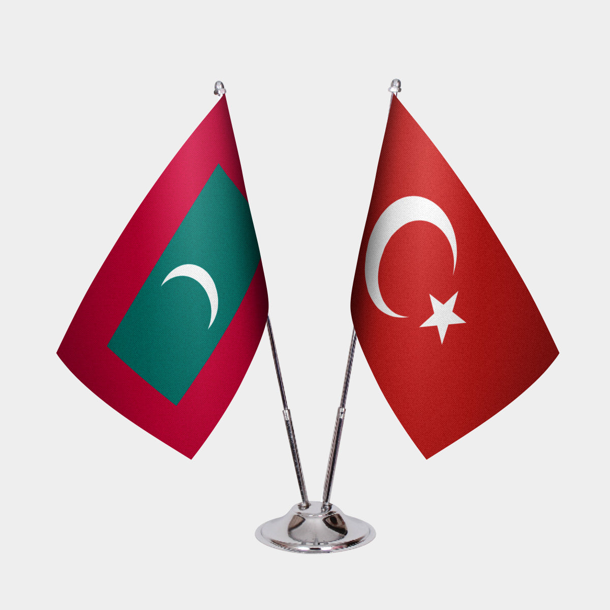 Maldives and Türkiye dual desk flag set with chrome silver pedestal, satin office table flag