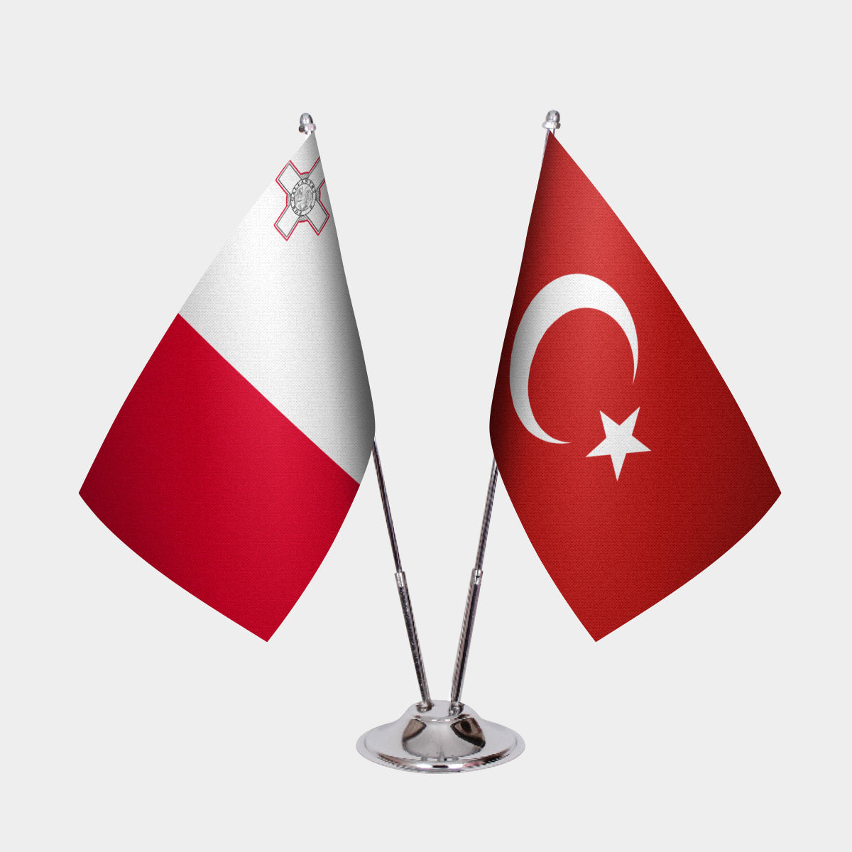Malta and Türkiye dual desk flag set with chrome silver pedestal, satin office table flag
